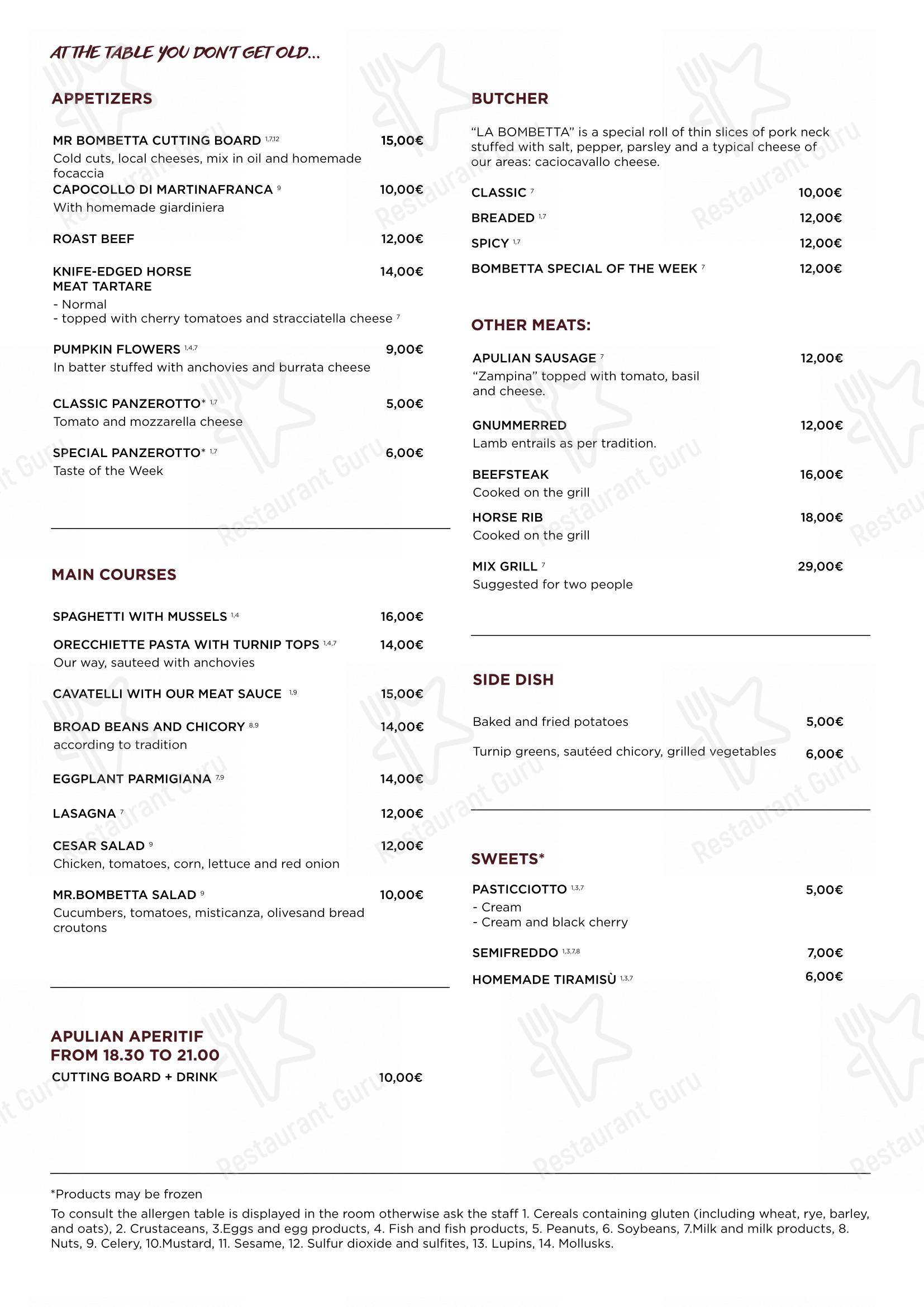 Menu di Mr. Bombetta - Menu
