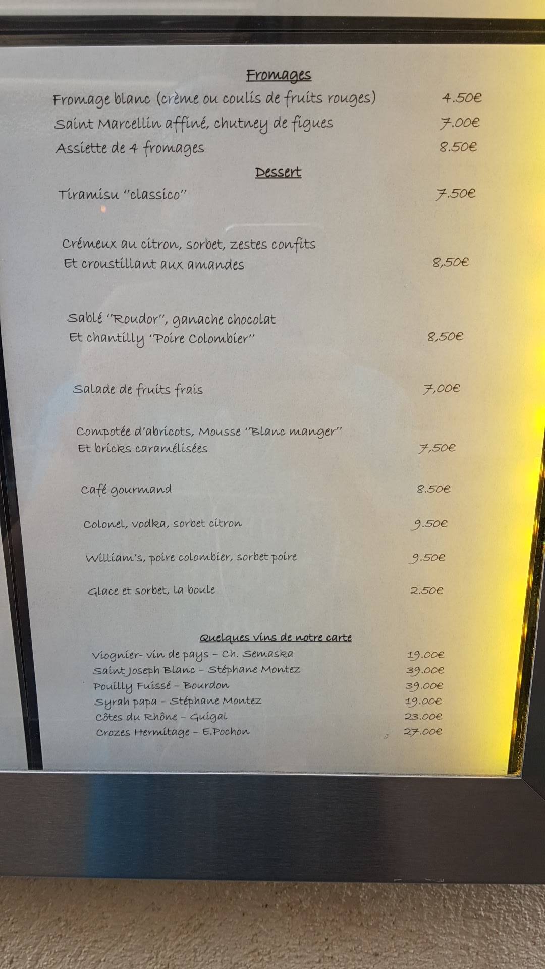 Menu au Muse Restaurant, Vienne