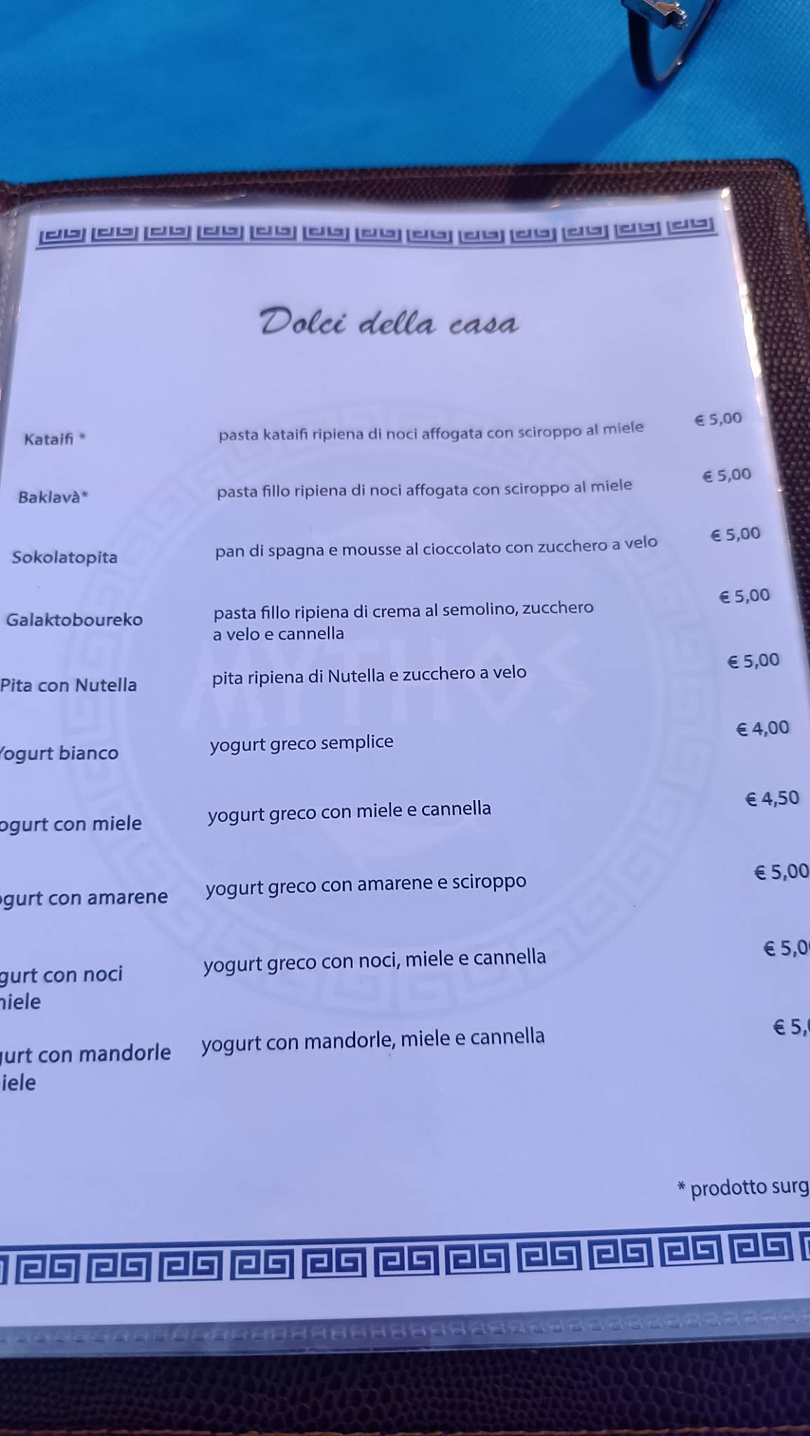 Menu di Mythos cucina greca 