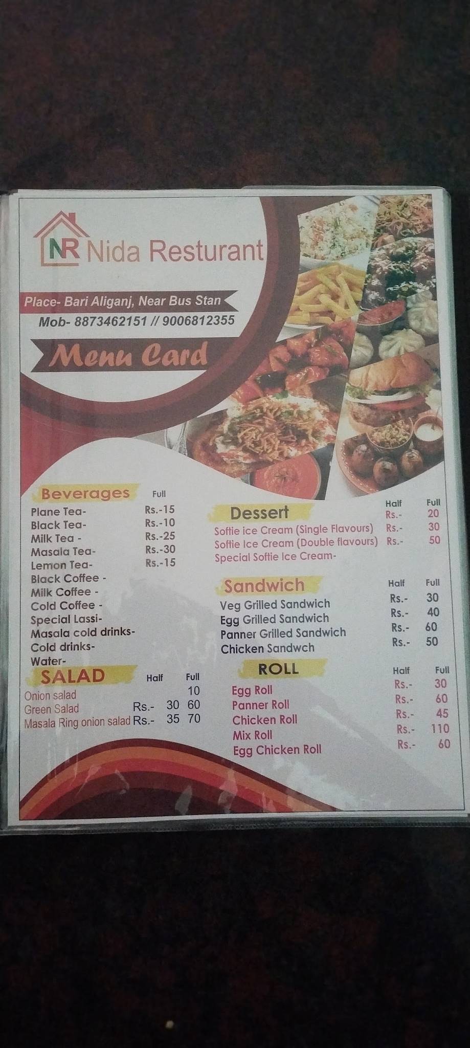 NIDA RESTAURANT menu