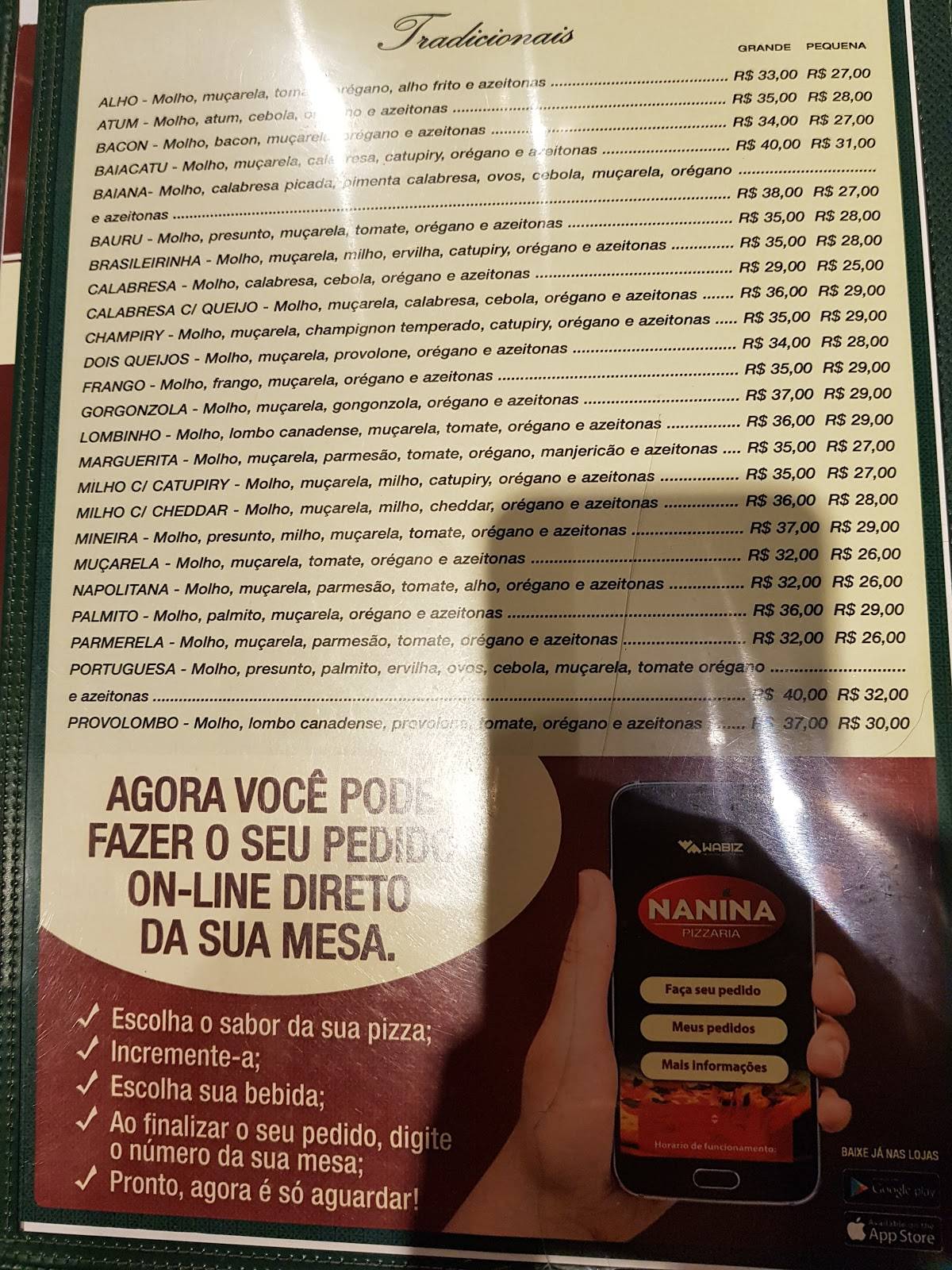 Nanina Pizzaria cardápio