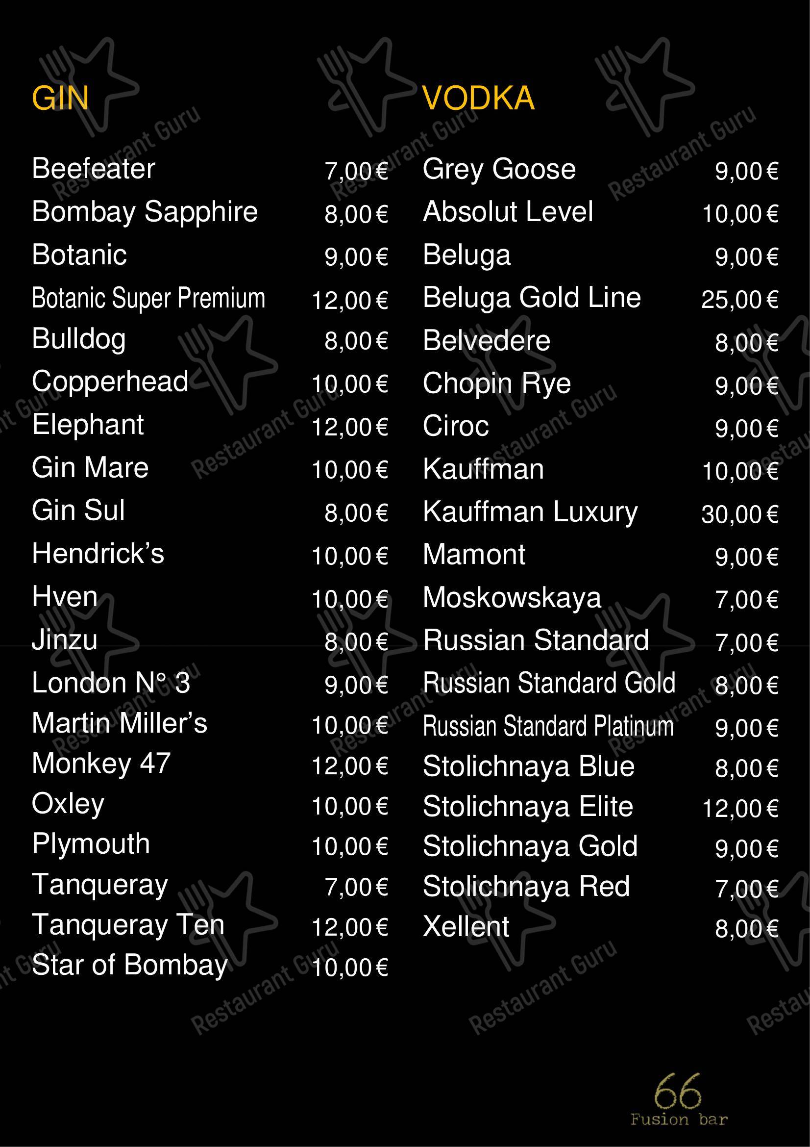 Menu per 66 Fusion Bar pub & bar