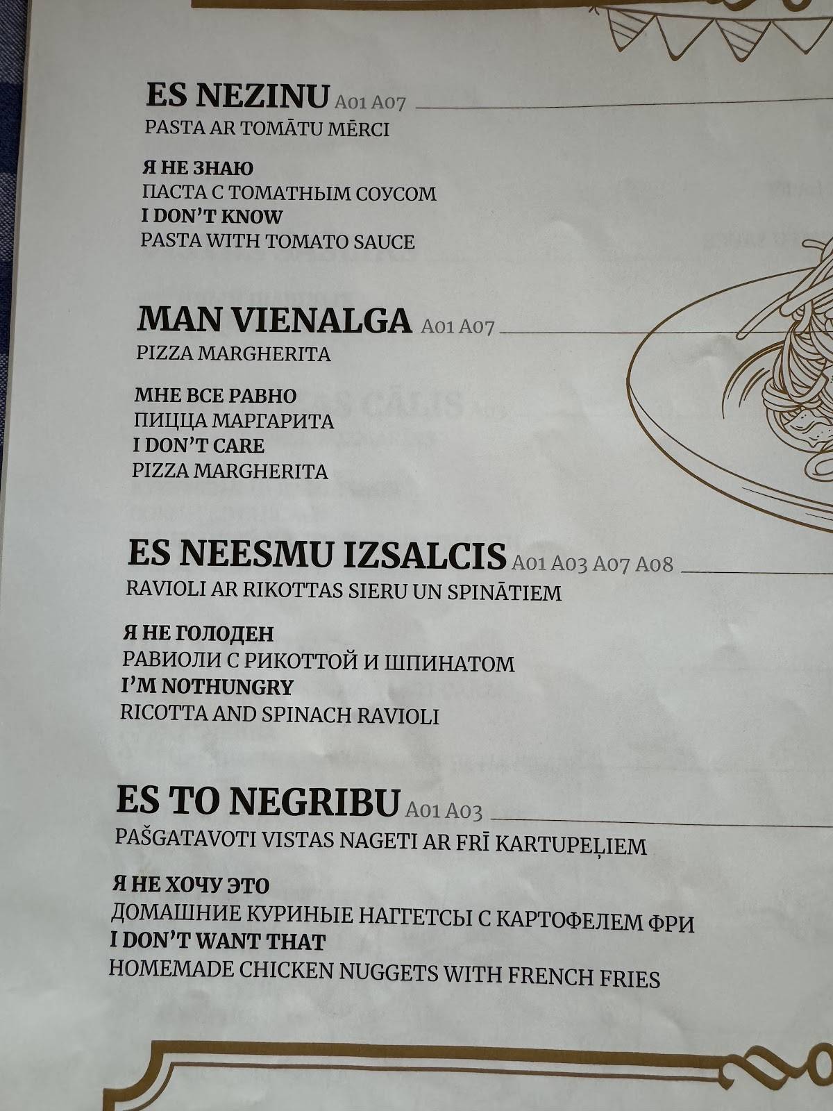 Menu at Naples restaurant, Riga, Andrejostas iela 5