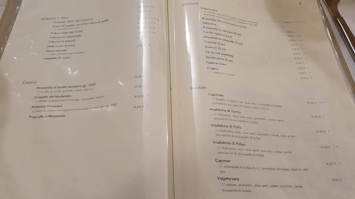 Menu di Napoli 1820 