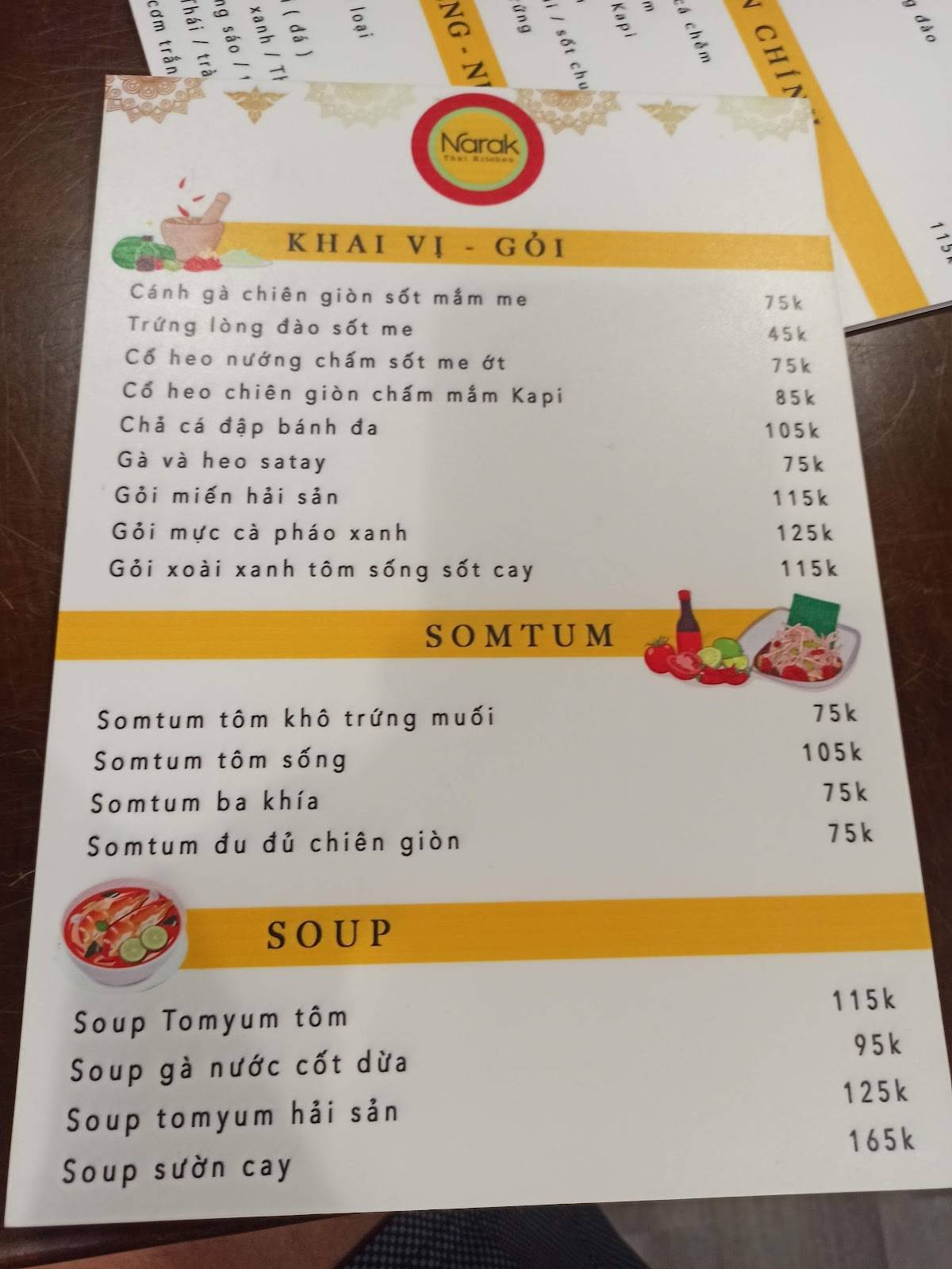 Carta del restaurante Narak Thai Kitchen, Ciudad Ho Chi Minh (Saigón)