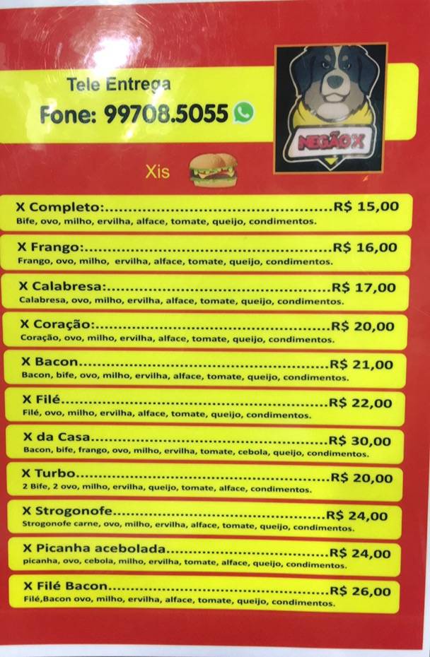 Negão X cardápio