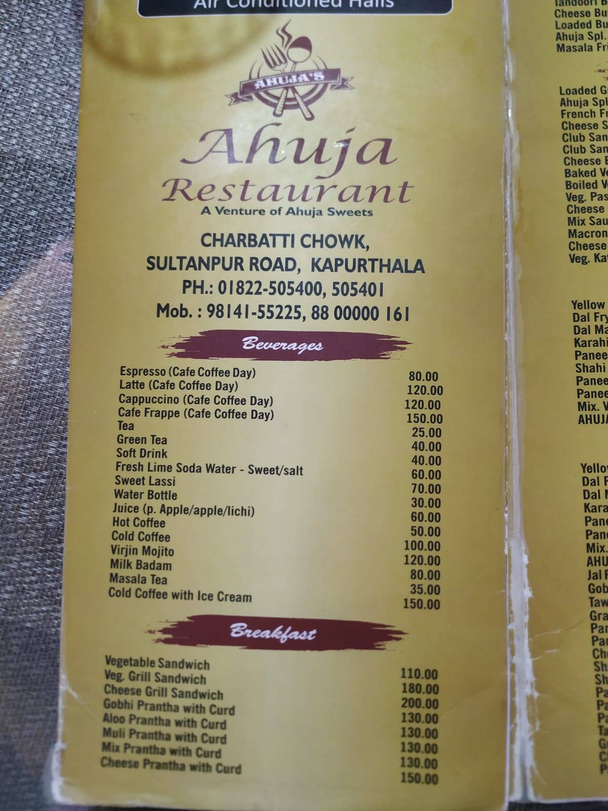 New Ahuja Sweets menu