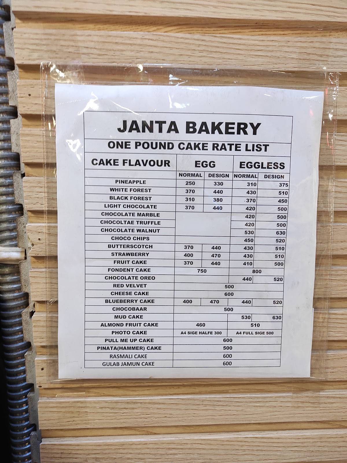 Janta Bakery menu