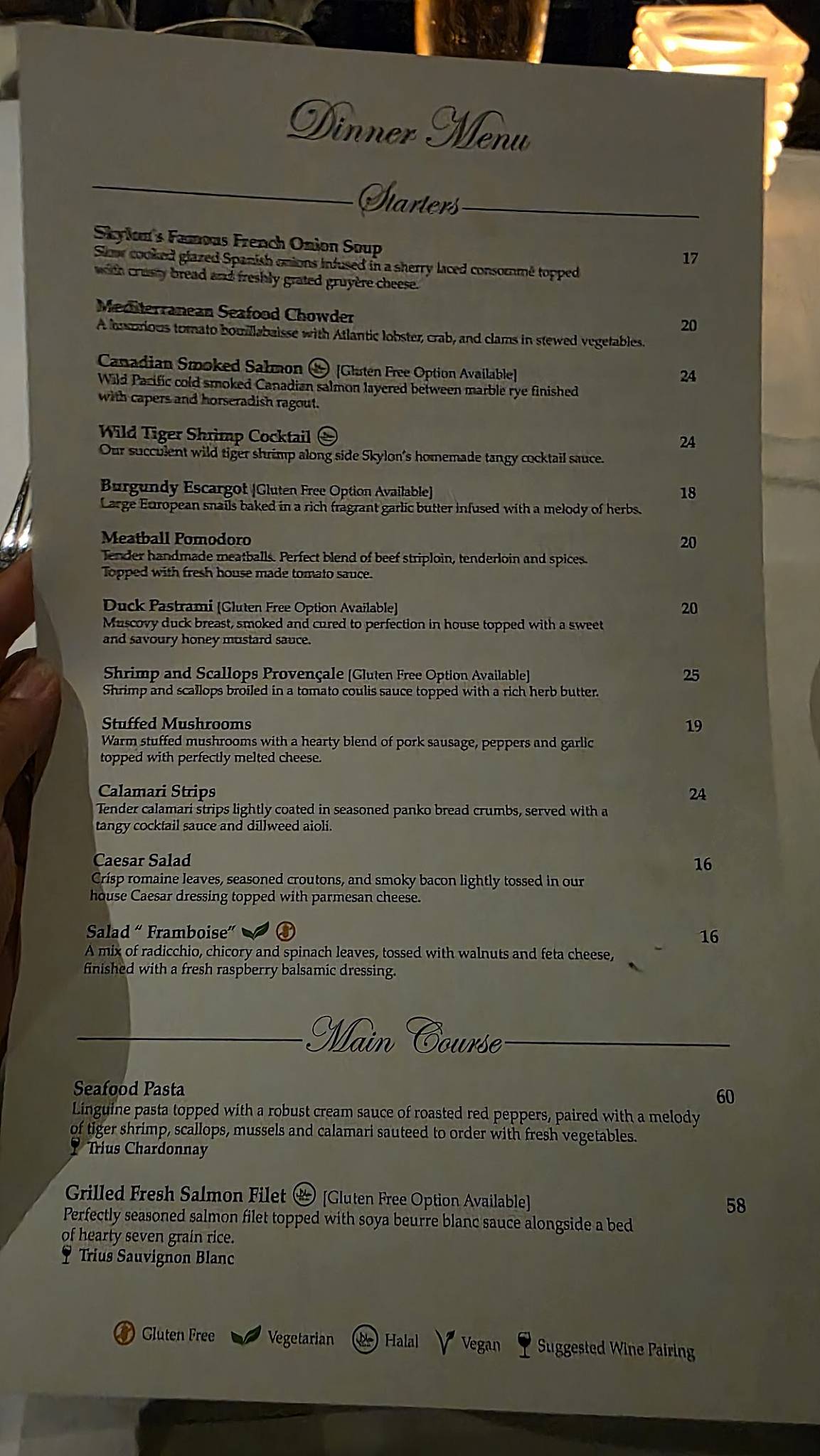 Menu de Skylon Tower Revolving Dining Room