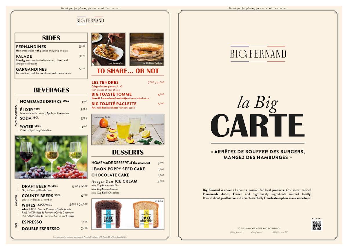 Menu de Big Fernand Nice