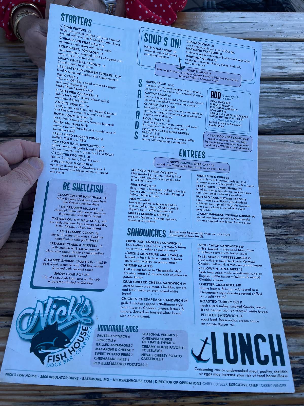 Menu at Nick's Fish House restaurant, Baltimore
