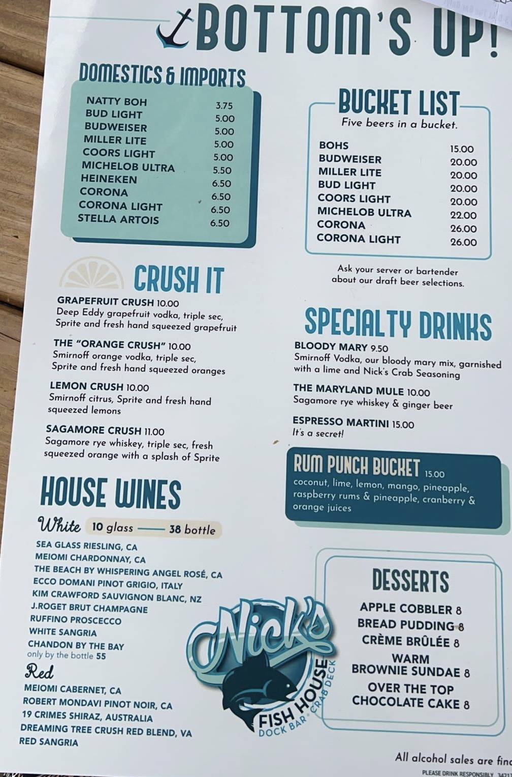 Menu at Nick's Fish House restaurant, Baltimore