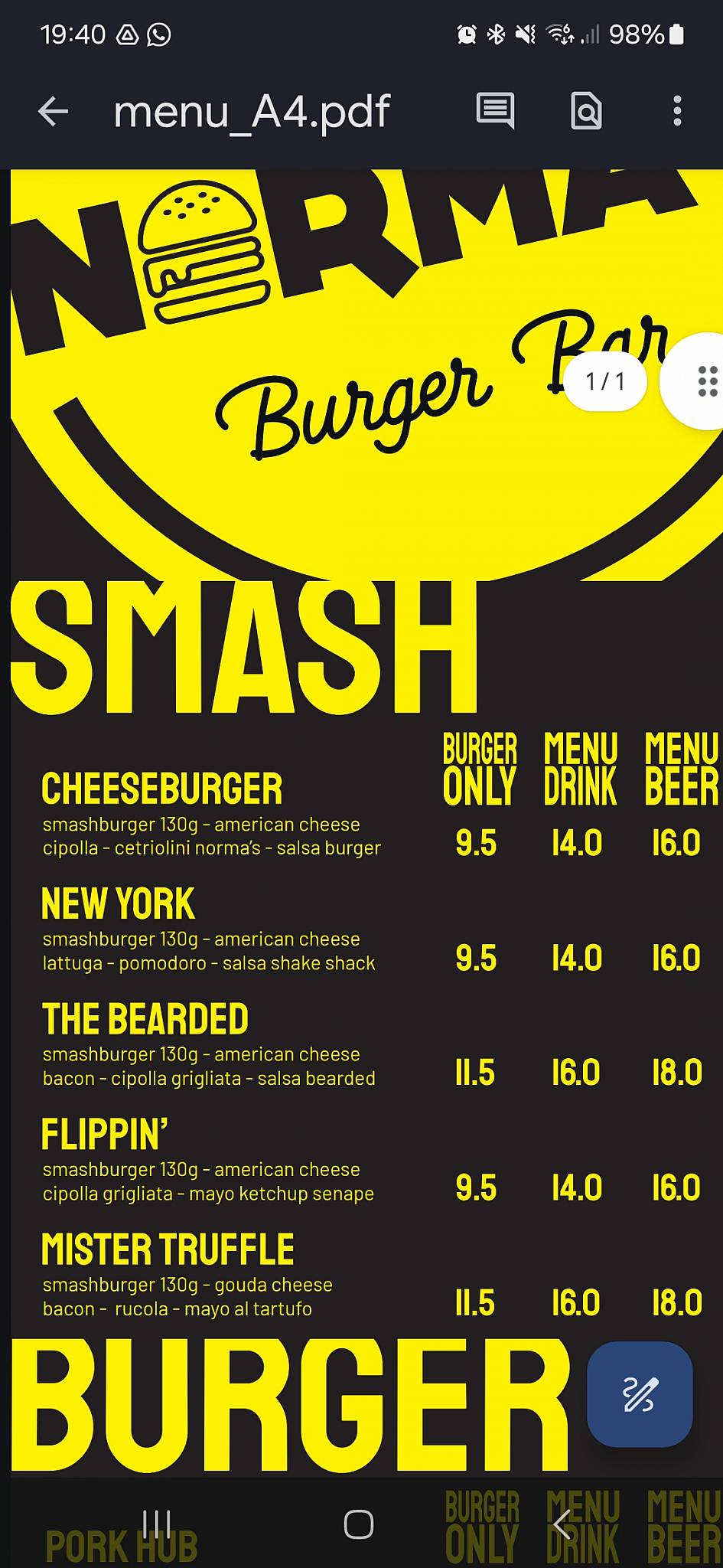 Menu di Norma's Burger Bar 