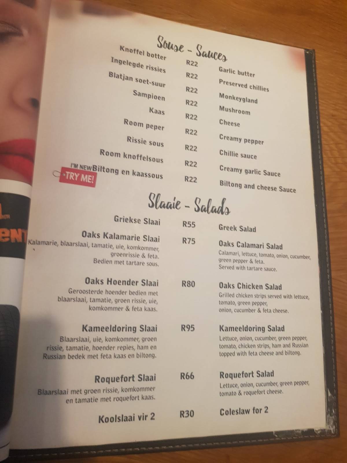 Menu at Oaks Pub & Grill, Mokopane