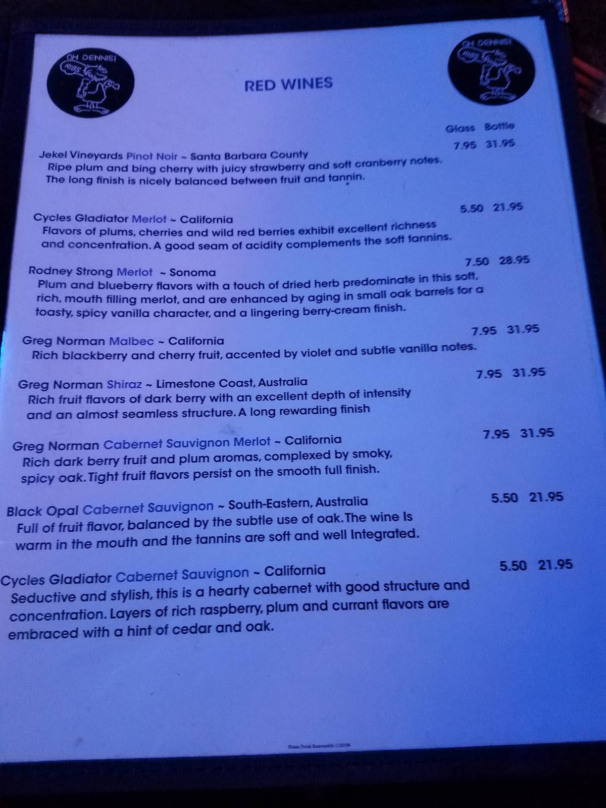 Menu at Oh Dennis! Saloon & Charcoal House BBQ, Racine