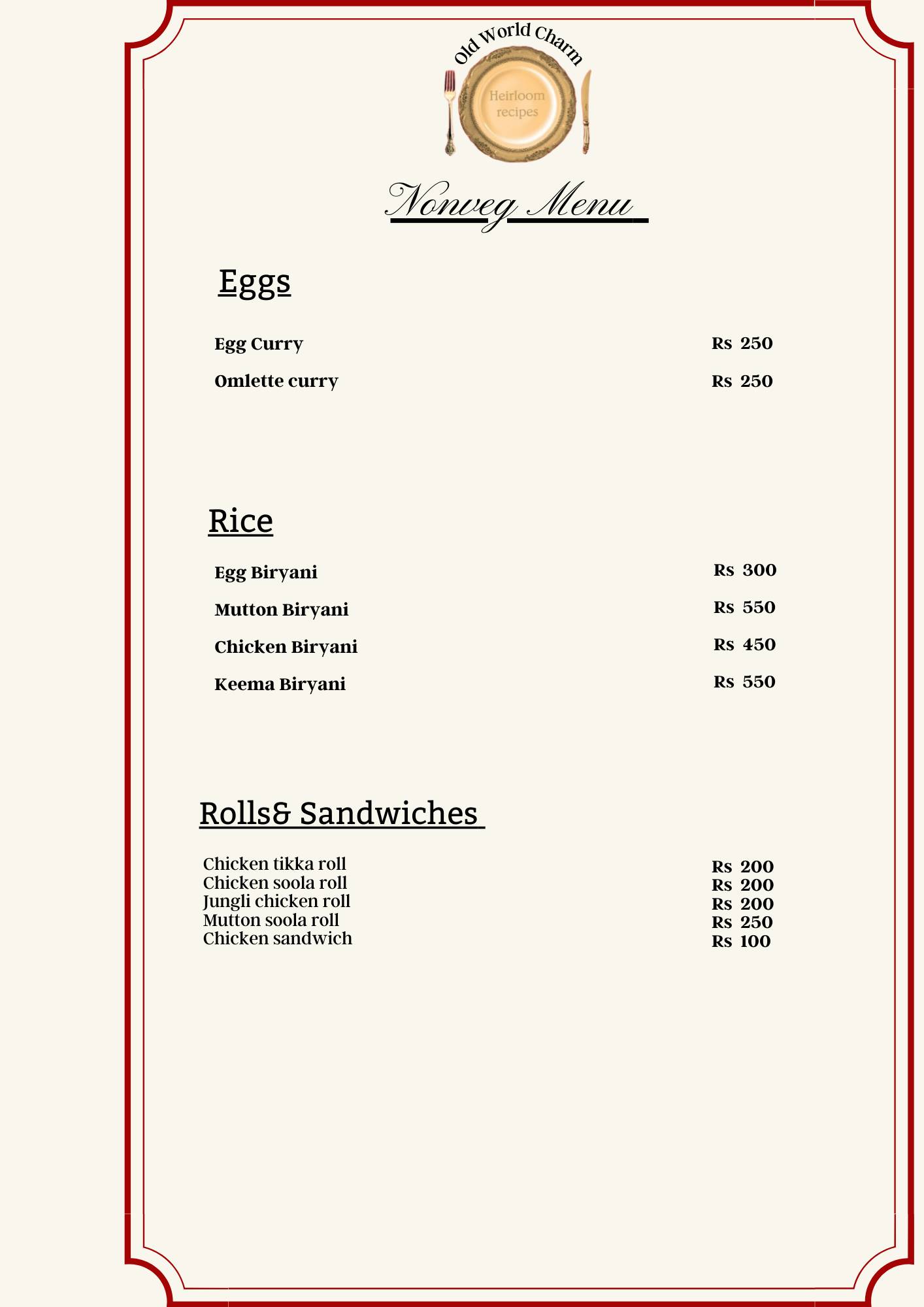 Old World Charm menu