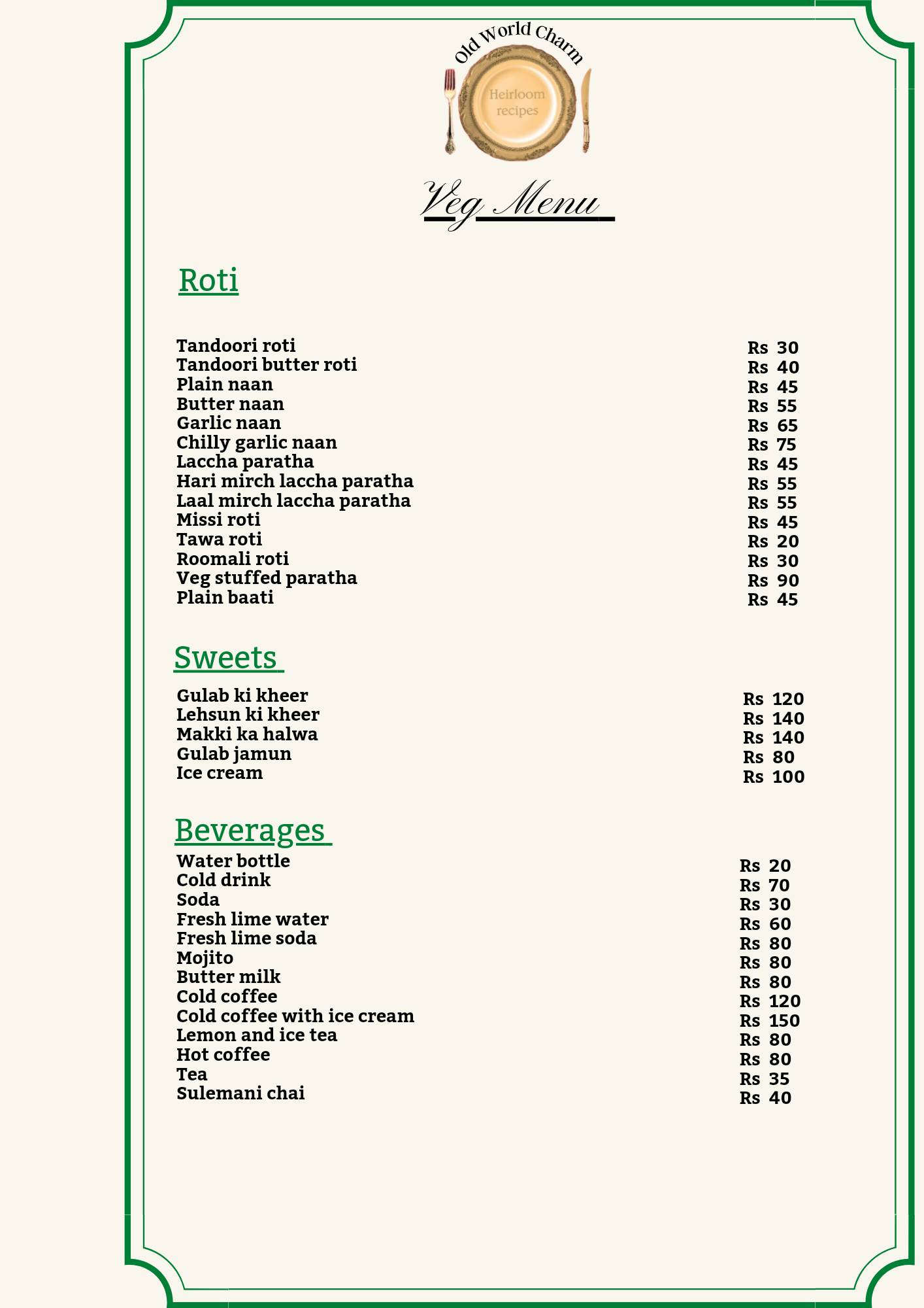 Old World Charm menu