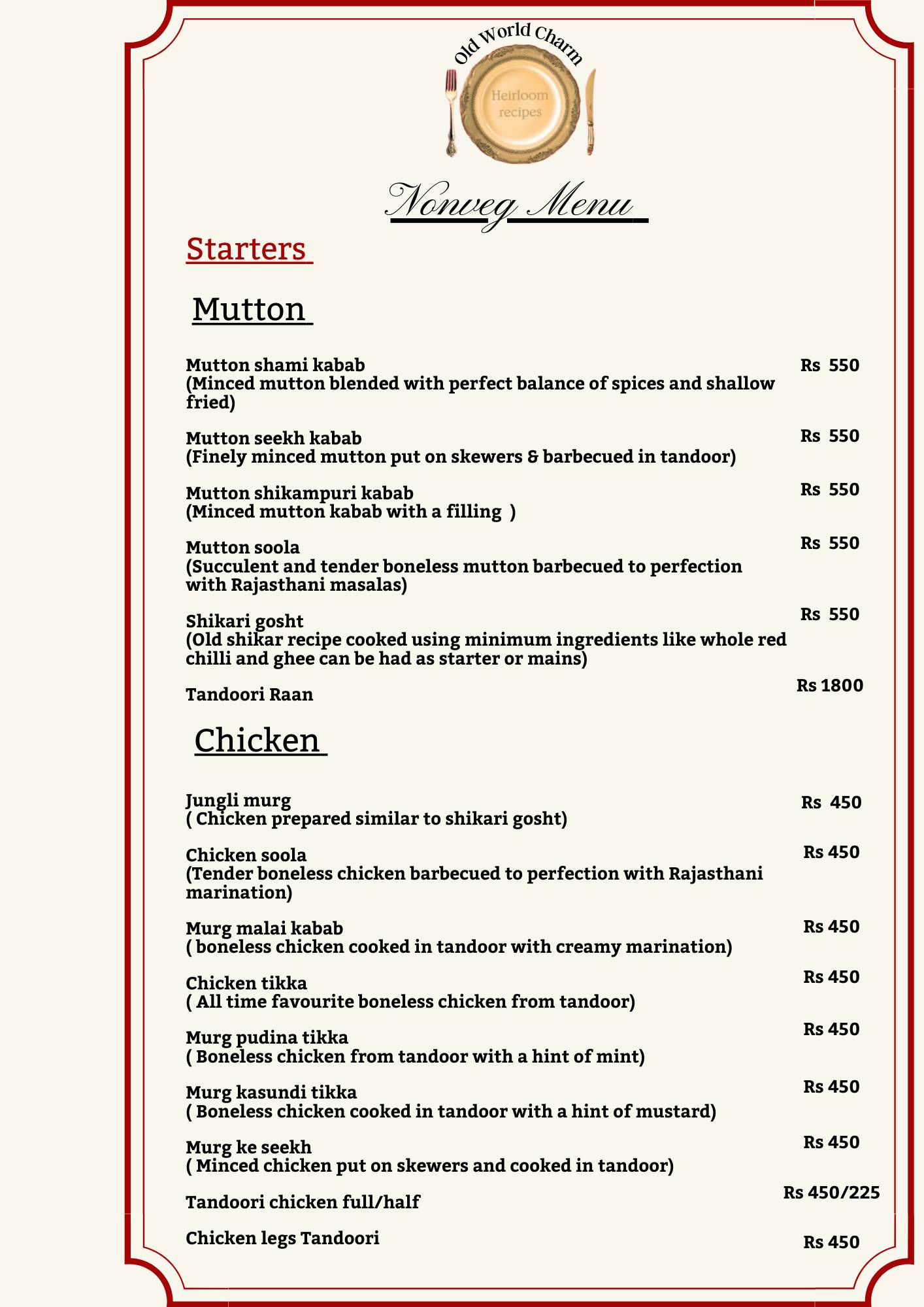 Old World Charm menu