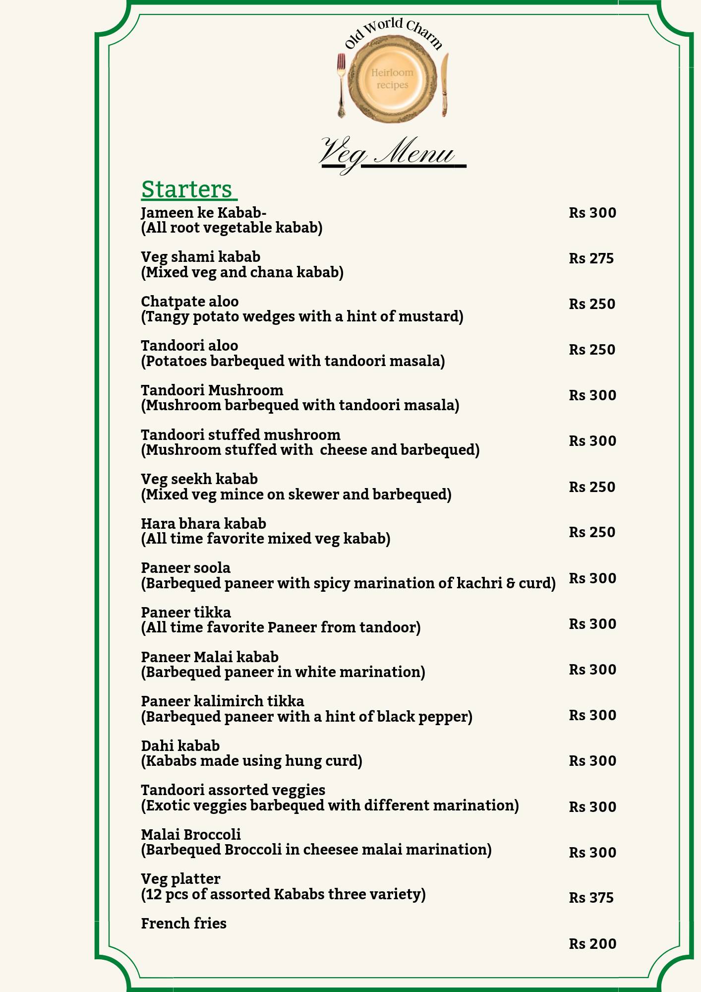 Old World Charm menu