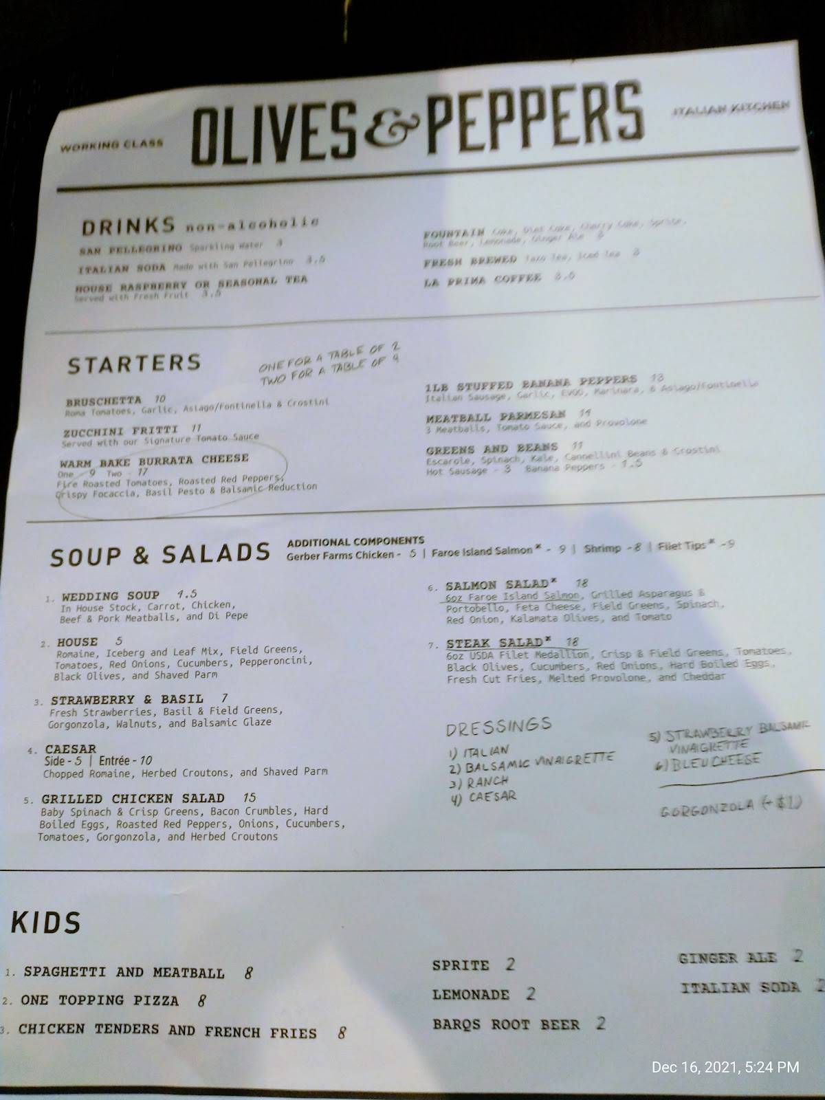 Menu at Olives and Peppers pizzeria, Greensburg