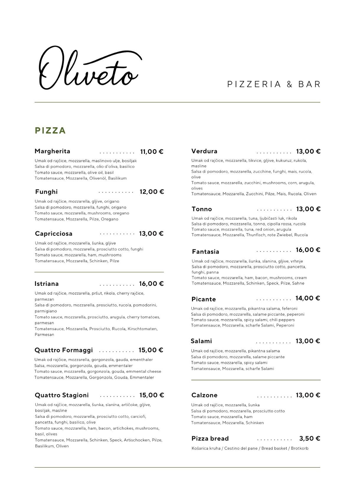 Menu di Oliveto Pizzeria & Bar 