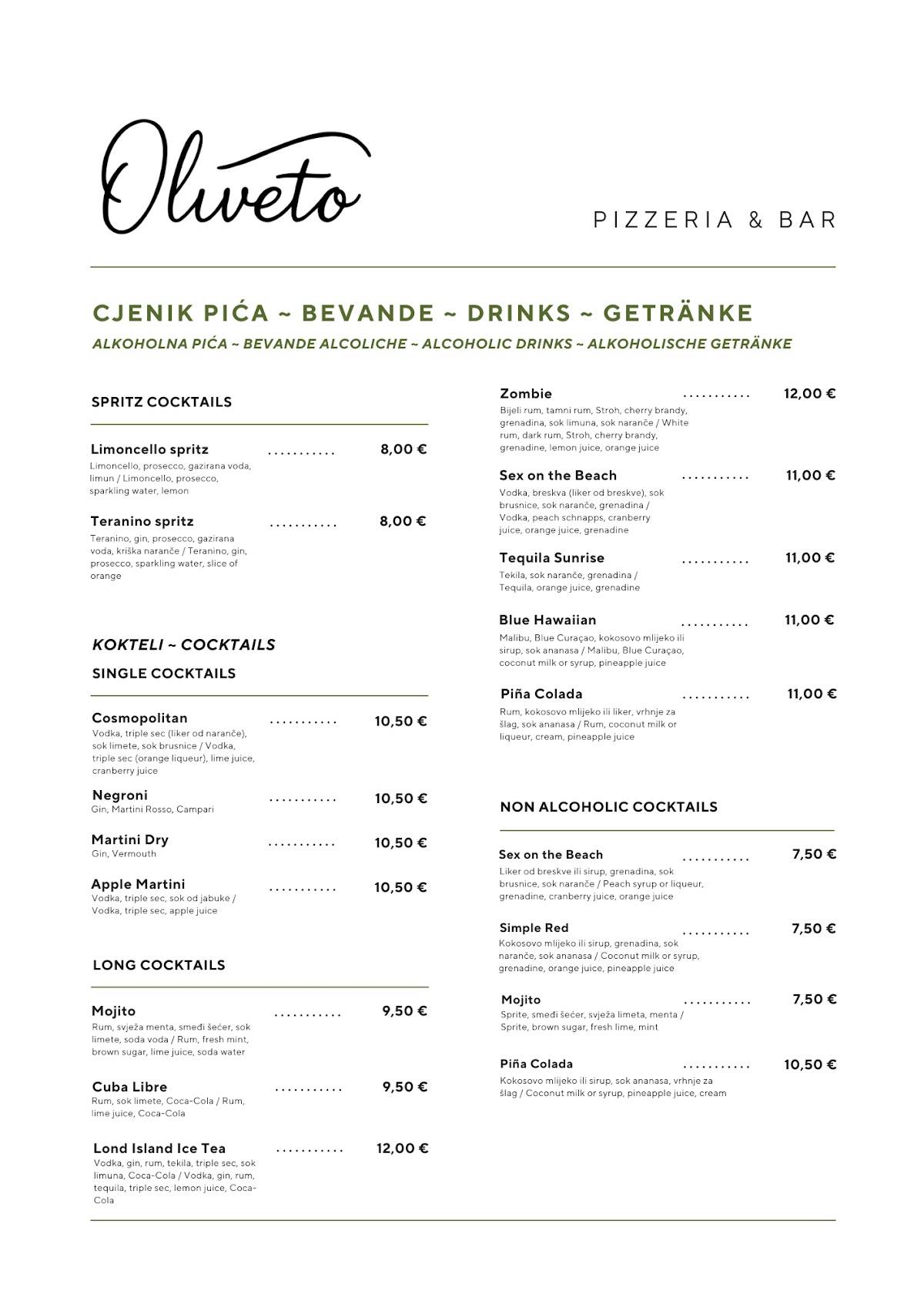 Menu di Oliveto Pizzeria & Bar 