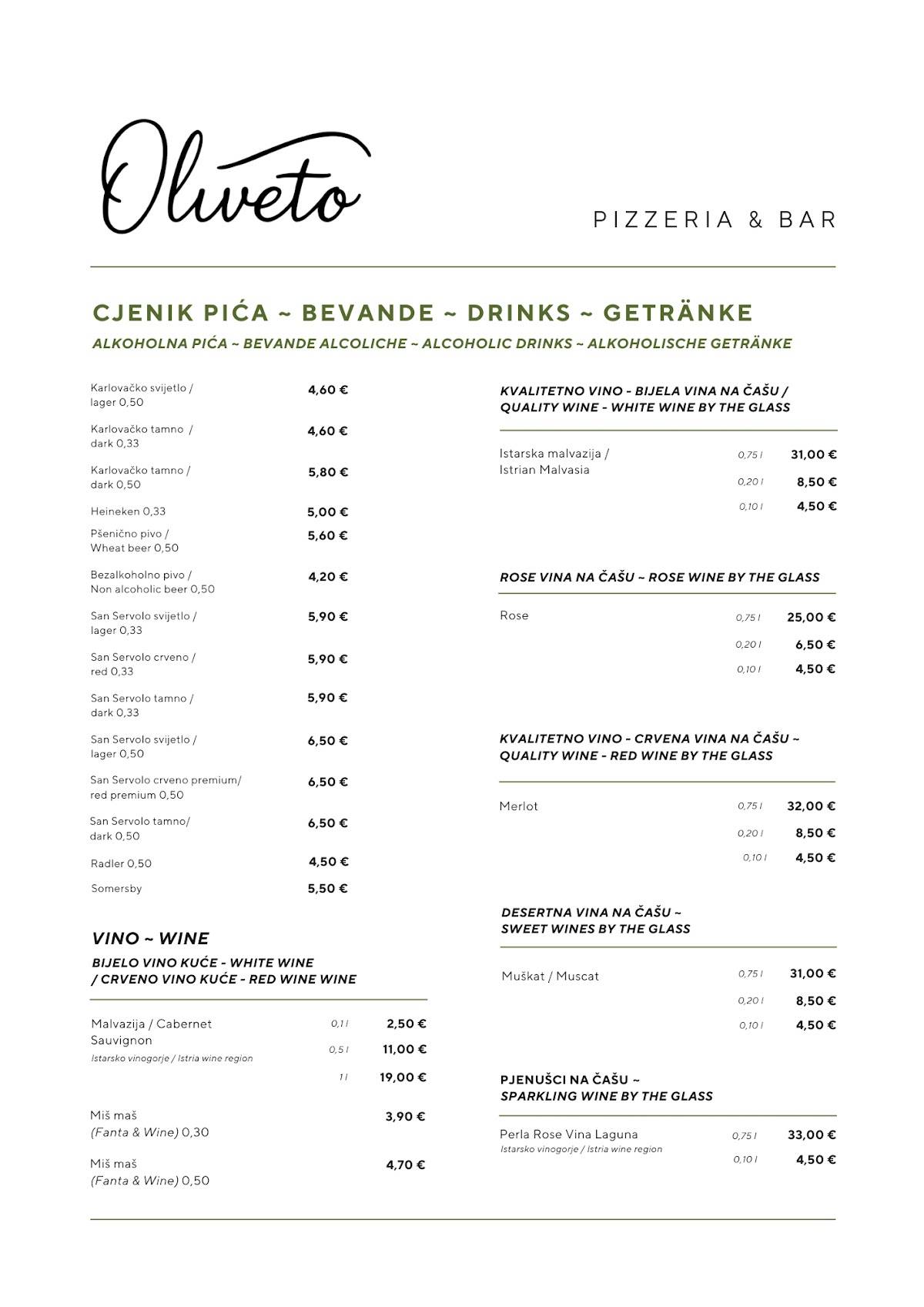 Menu di Oliveto Pizzeria & Bar 