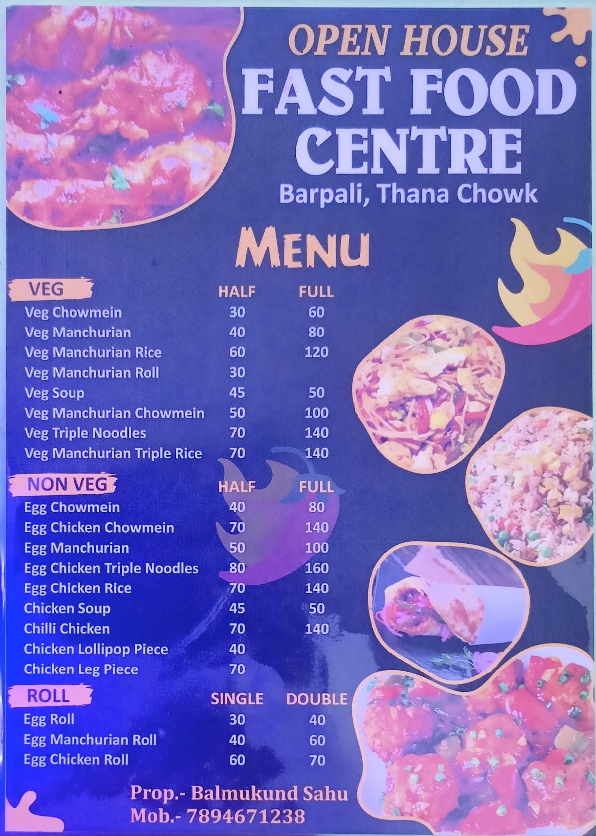 Open House Fast Food Centre menu