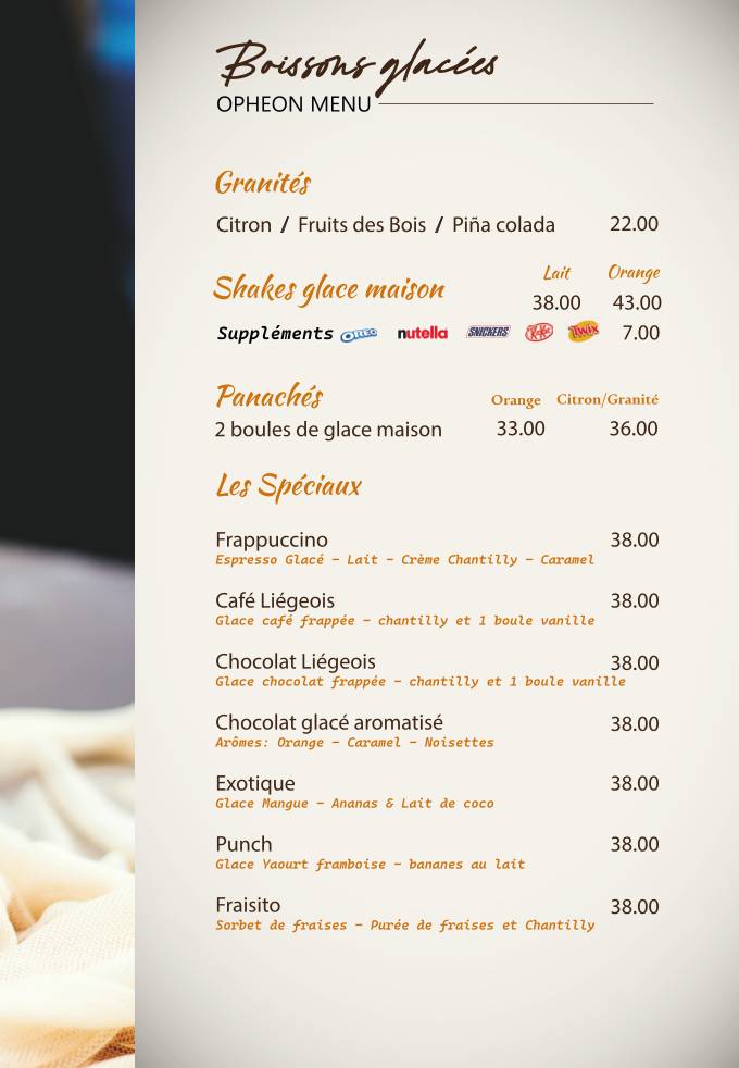 Menu de Opheon : Café, Restaurant, Pâtisserie & Glacier