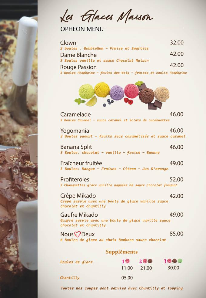 Menu de Opheon : Café, Restaurant, Pâtisserie & Glacier