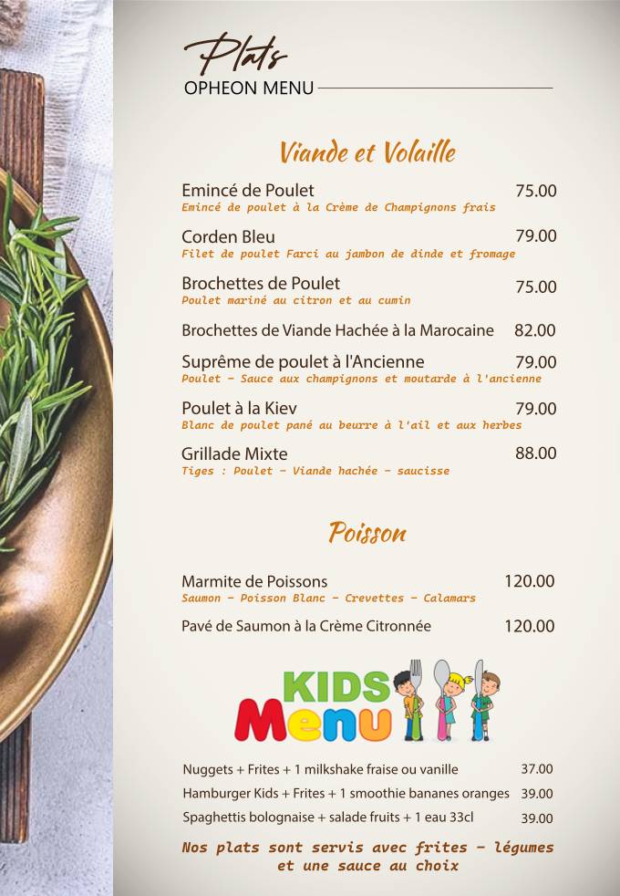 Menu de Opheon : Café, Restaurant, Pâtisserie & Glacier