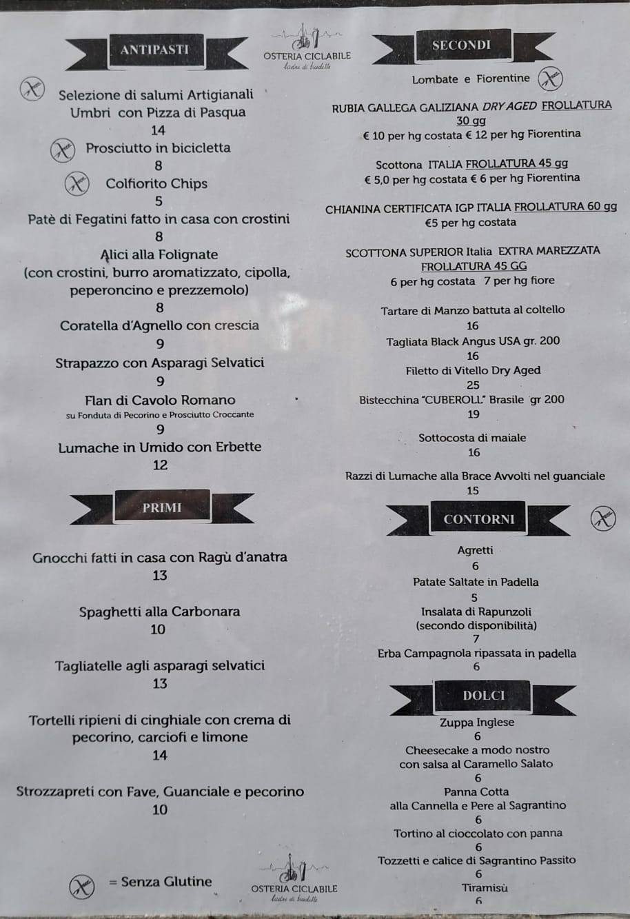 Menu di Osteria Ciclabile - Ladri di biciclette 