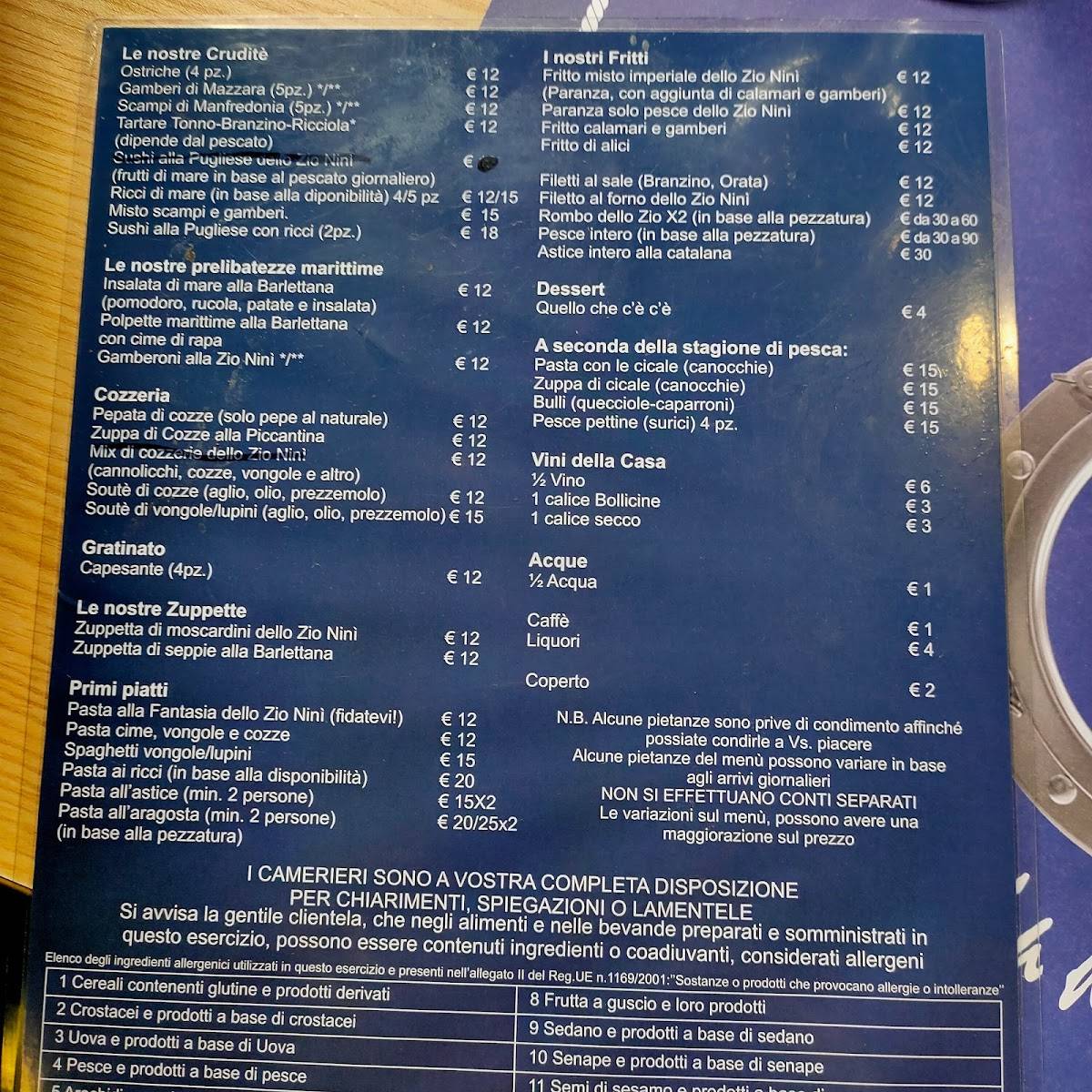 osteria da zio nini menu