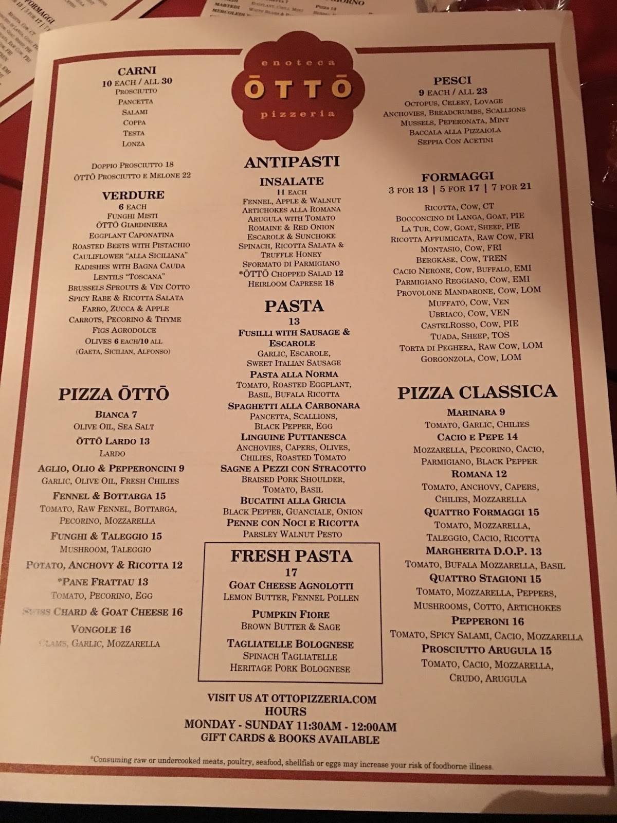 Menu at Otto Enoteca Pizzeria, New York City