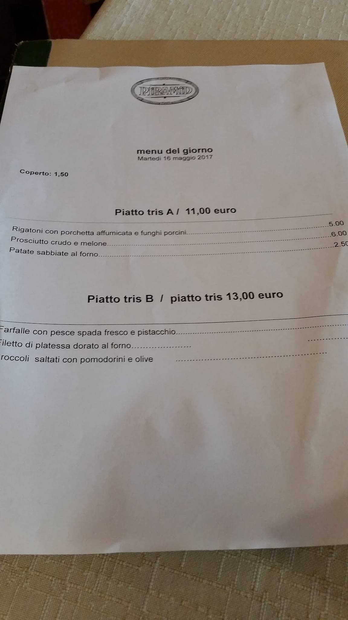 Menu di Piramid Ristorante Pizzeria 