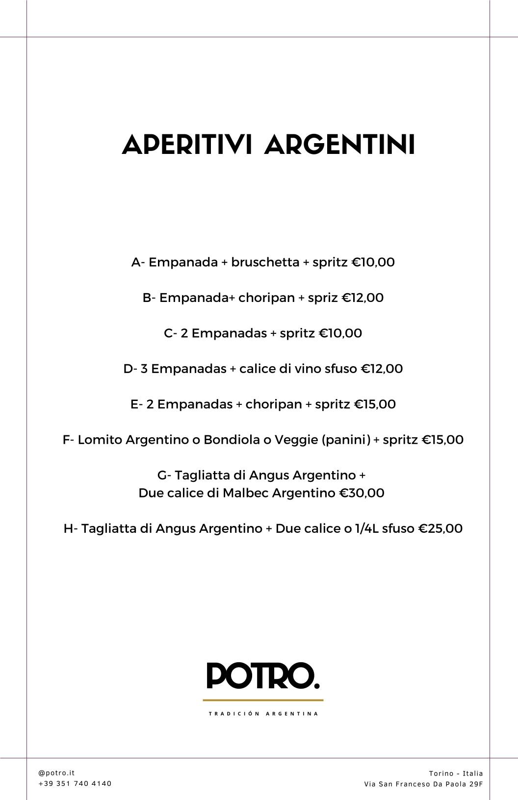 Menu di POTRO Tradición Argentina 