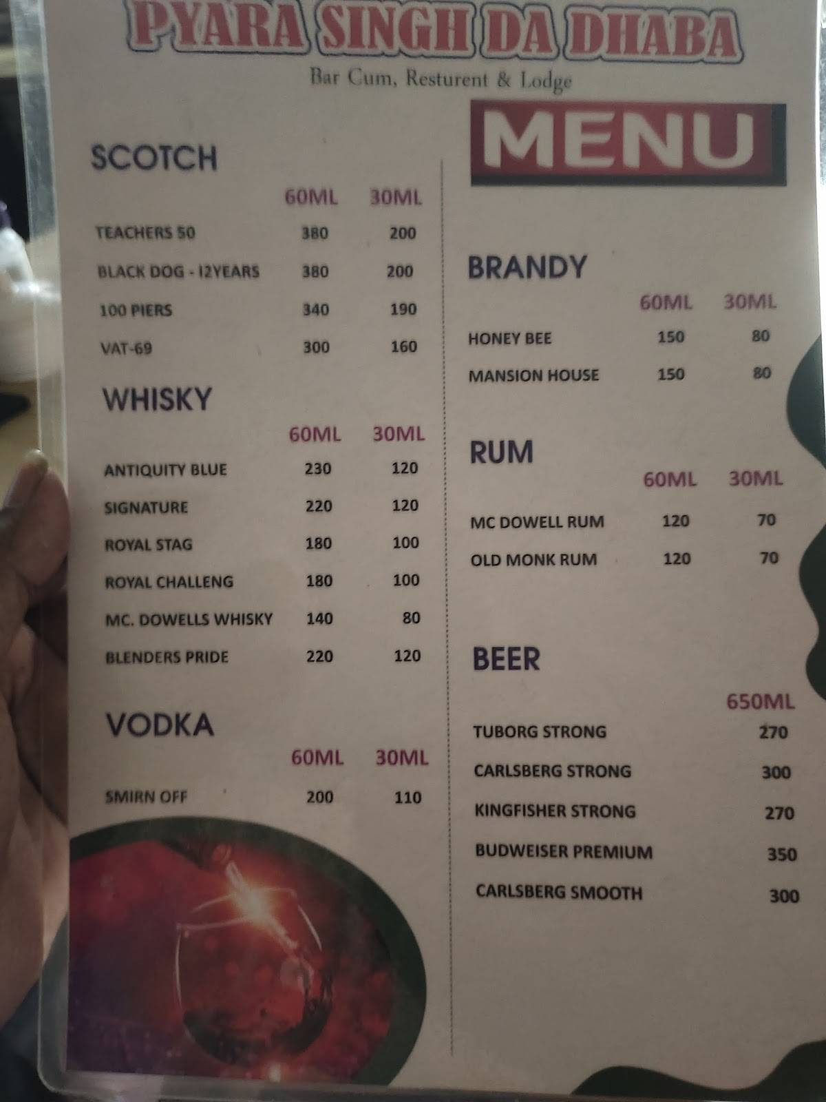 PIYARA SINGH DA DHABA menu