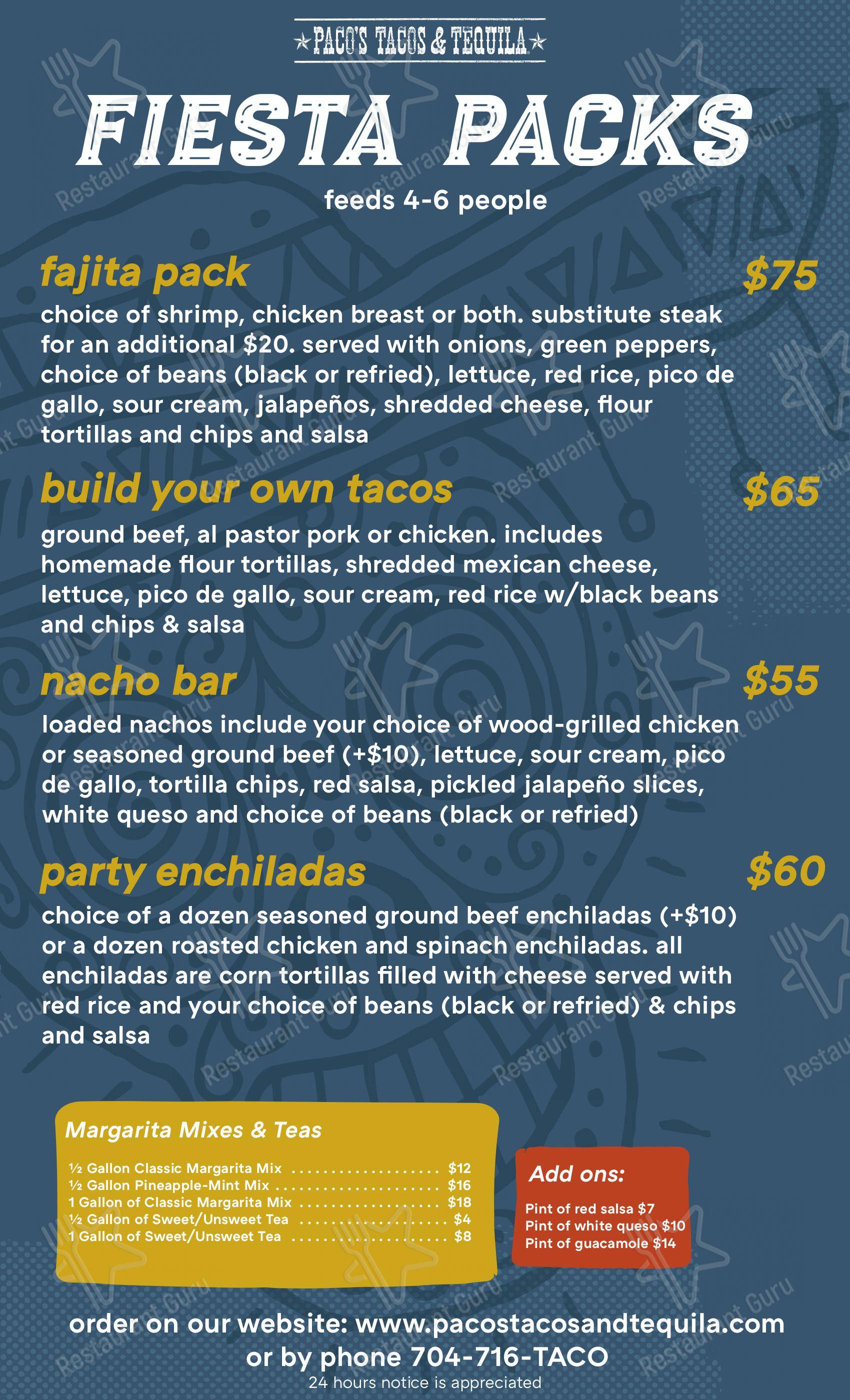 Menu at Paco's Tacos and Tequila pub & bar, Charlotte