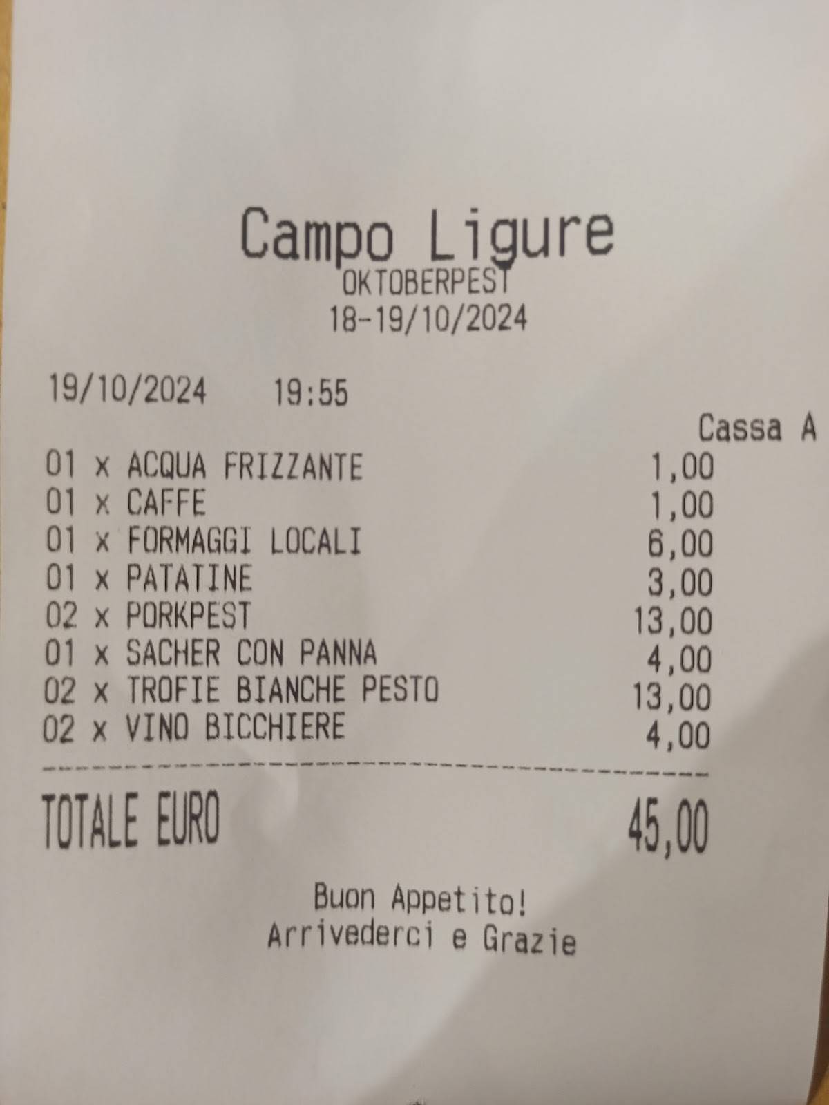 Menu di Palazzetto dello Sport 