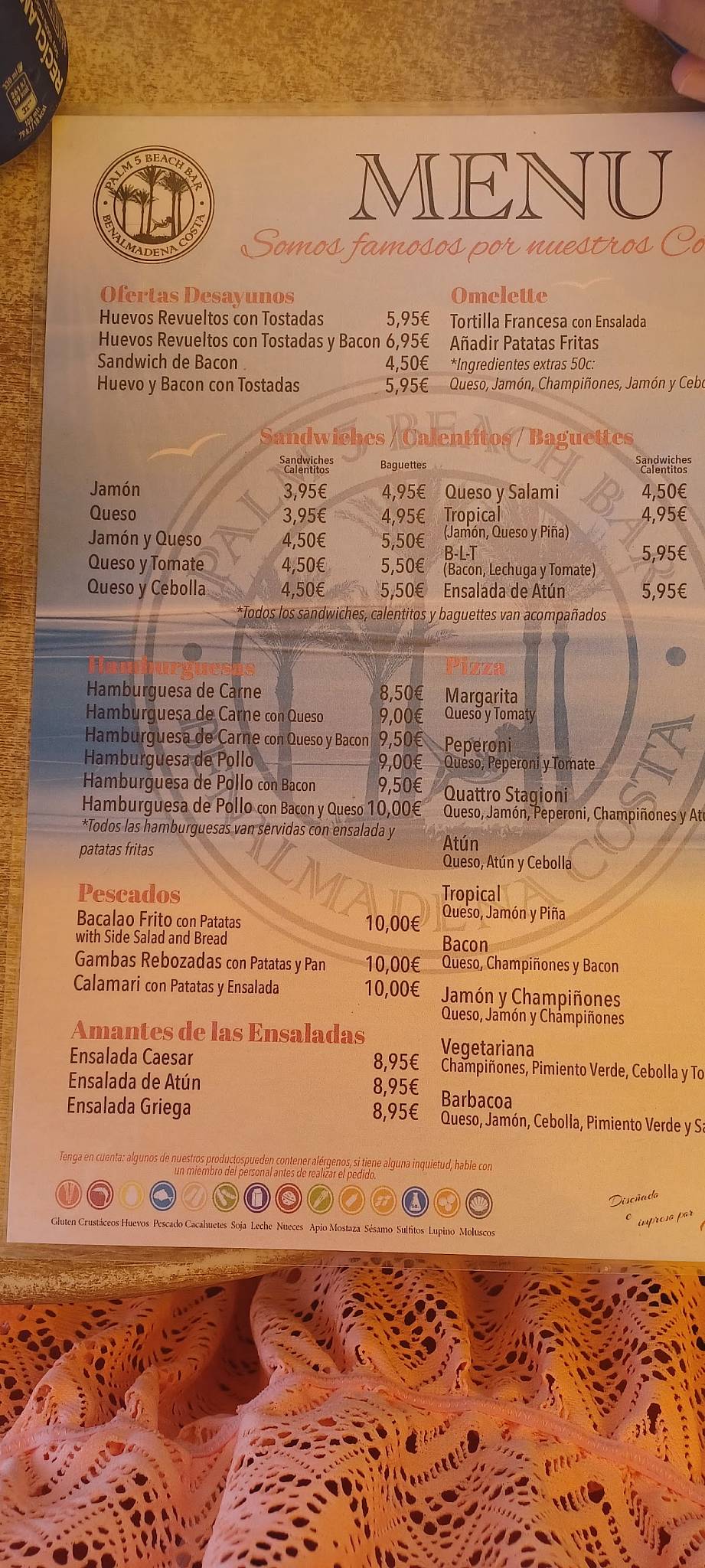 Menu at Palm 5 Beach Bar, Benalmádena