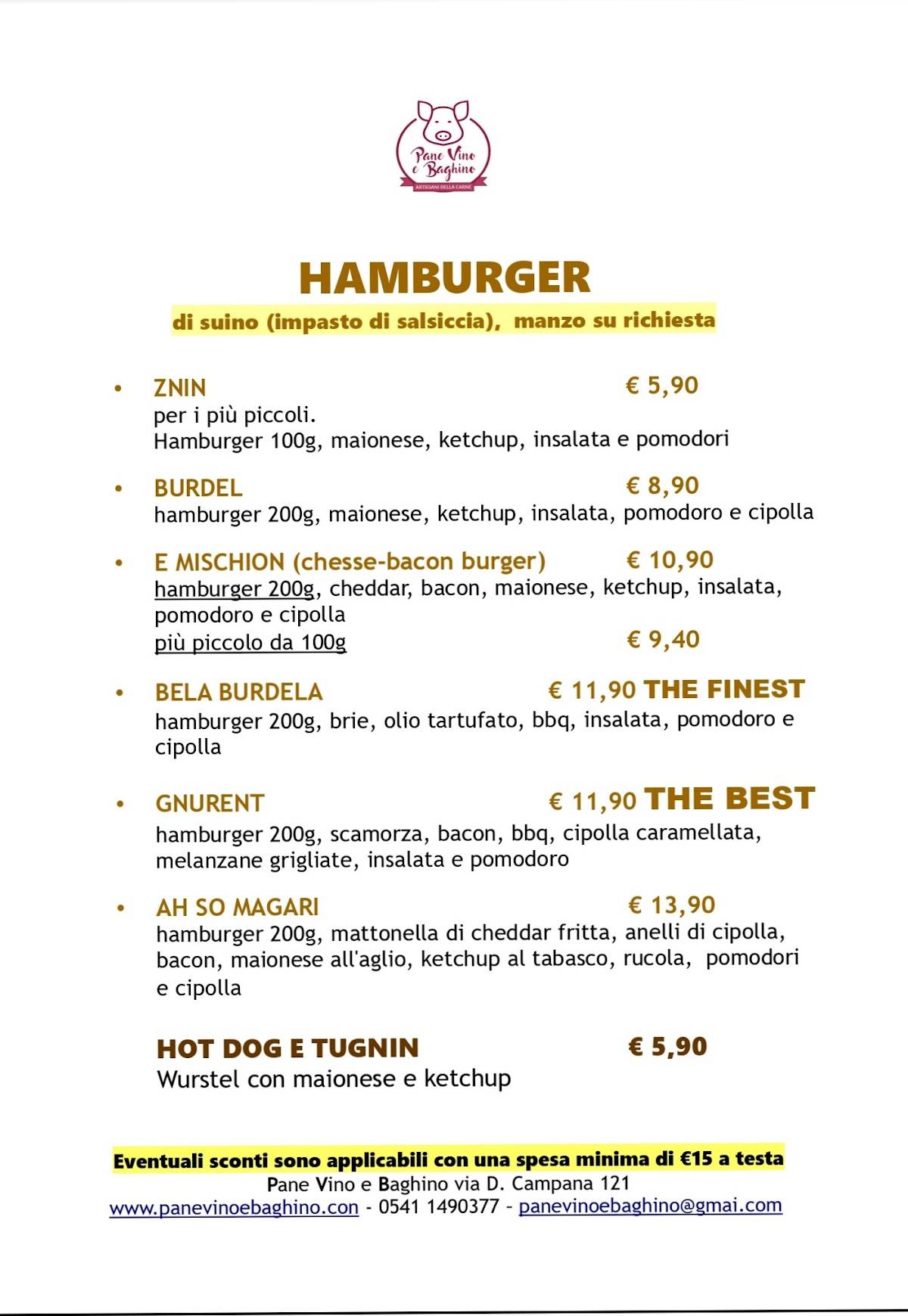 Menu di Pane Vino e Baghino 