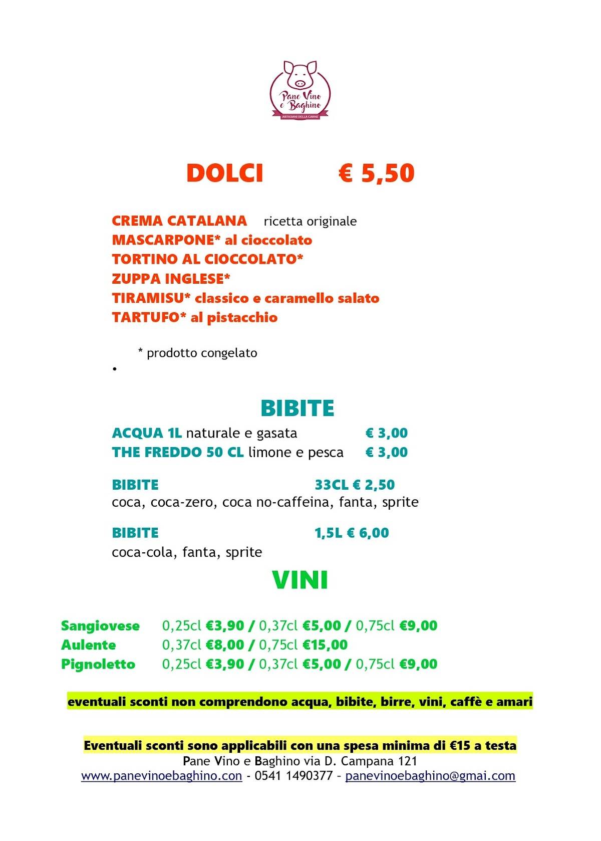 Menu di Pane Vino e Baghino 