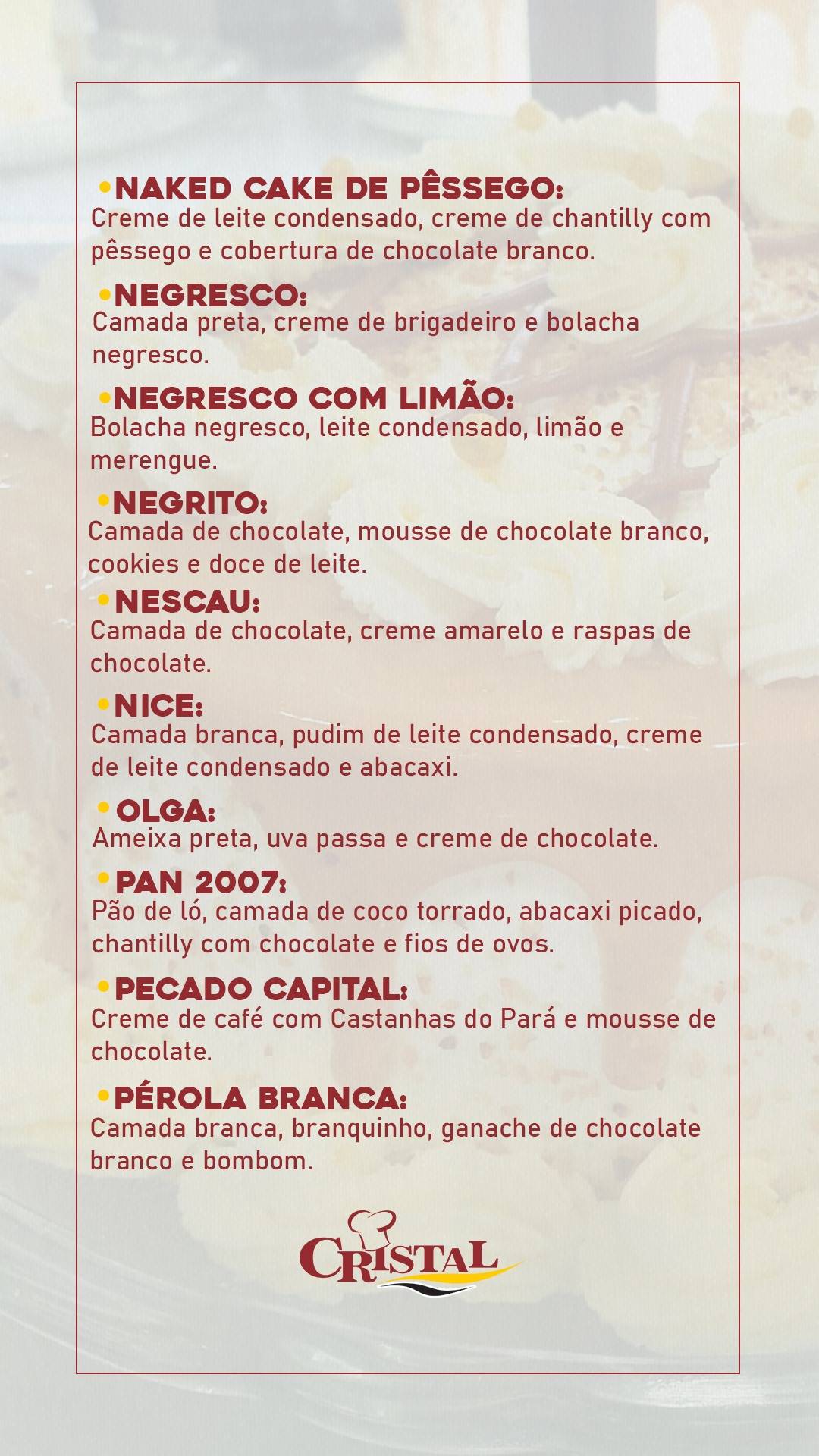 Panificadora Cristal cardápio