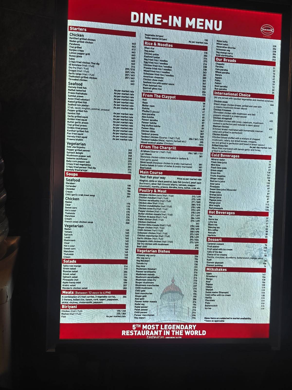 Paragon Restaurant menu