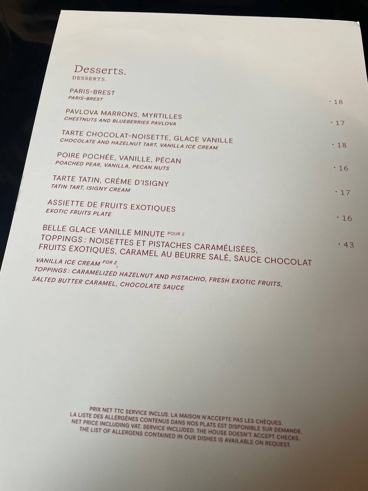 Menu at Girafe Restaurant, Paris