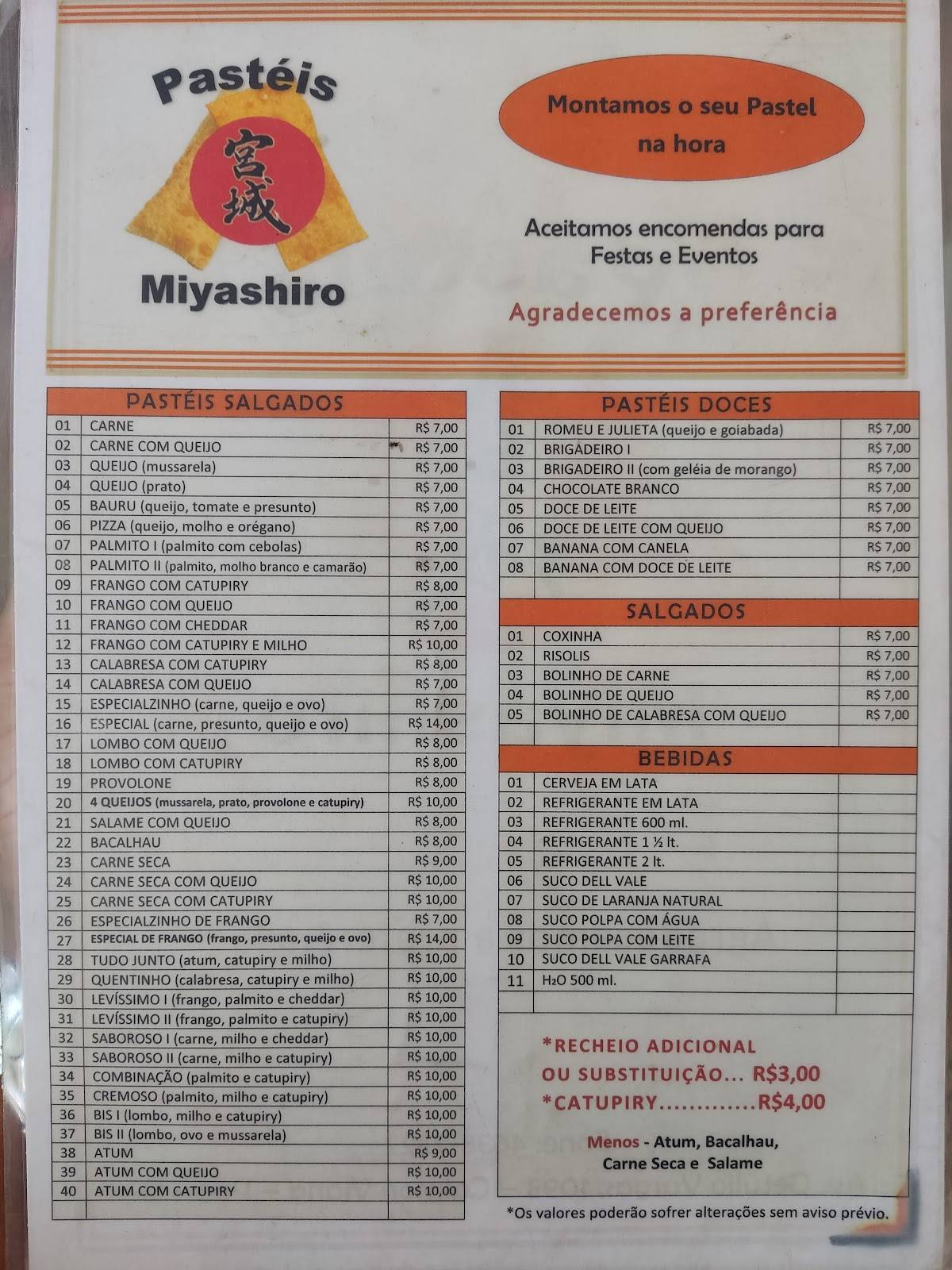 Pastéis Miyashiro cardápio