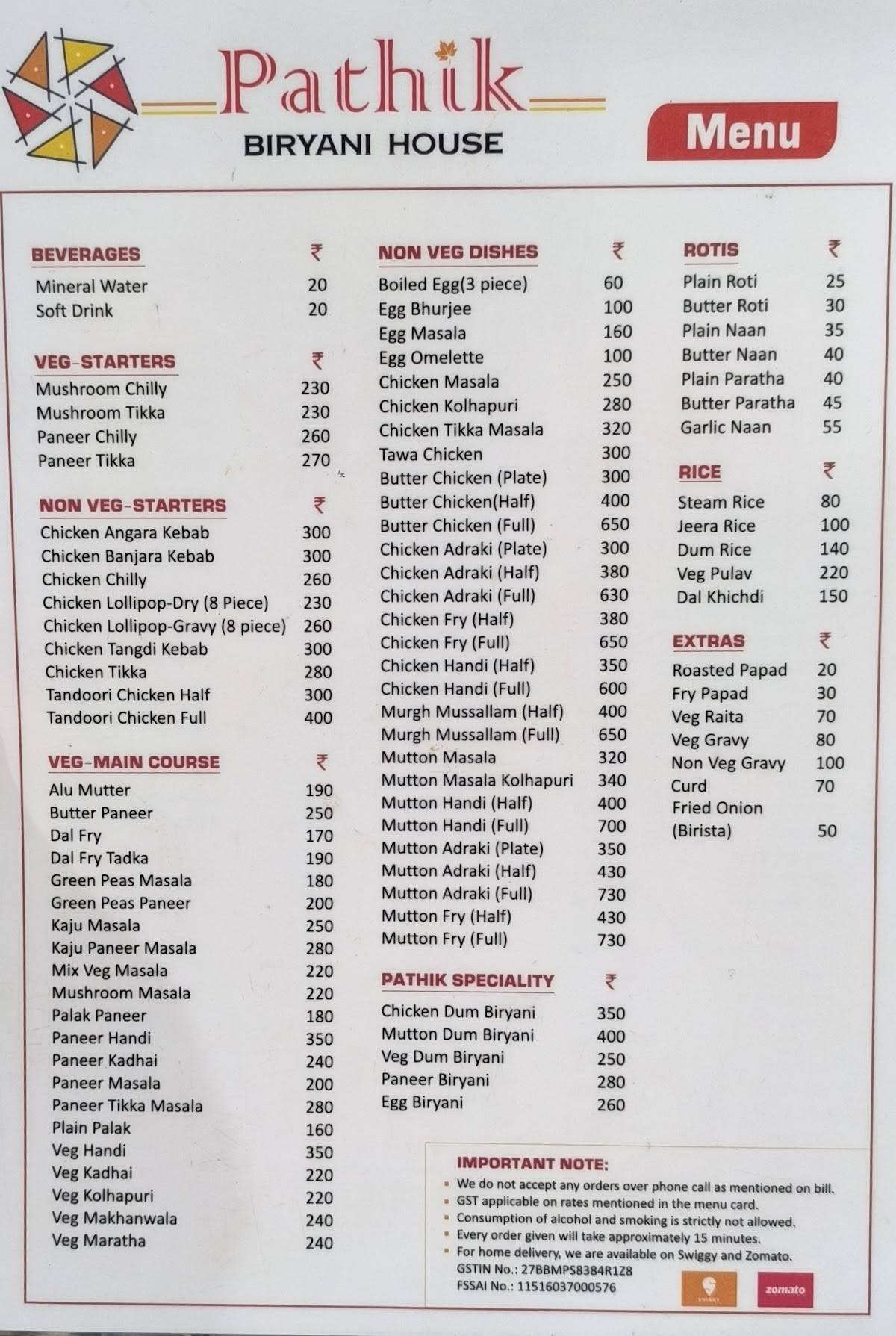 Pathik Biryani House menu