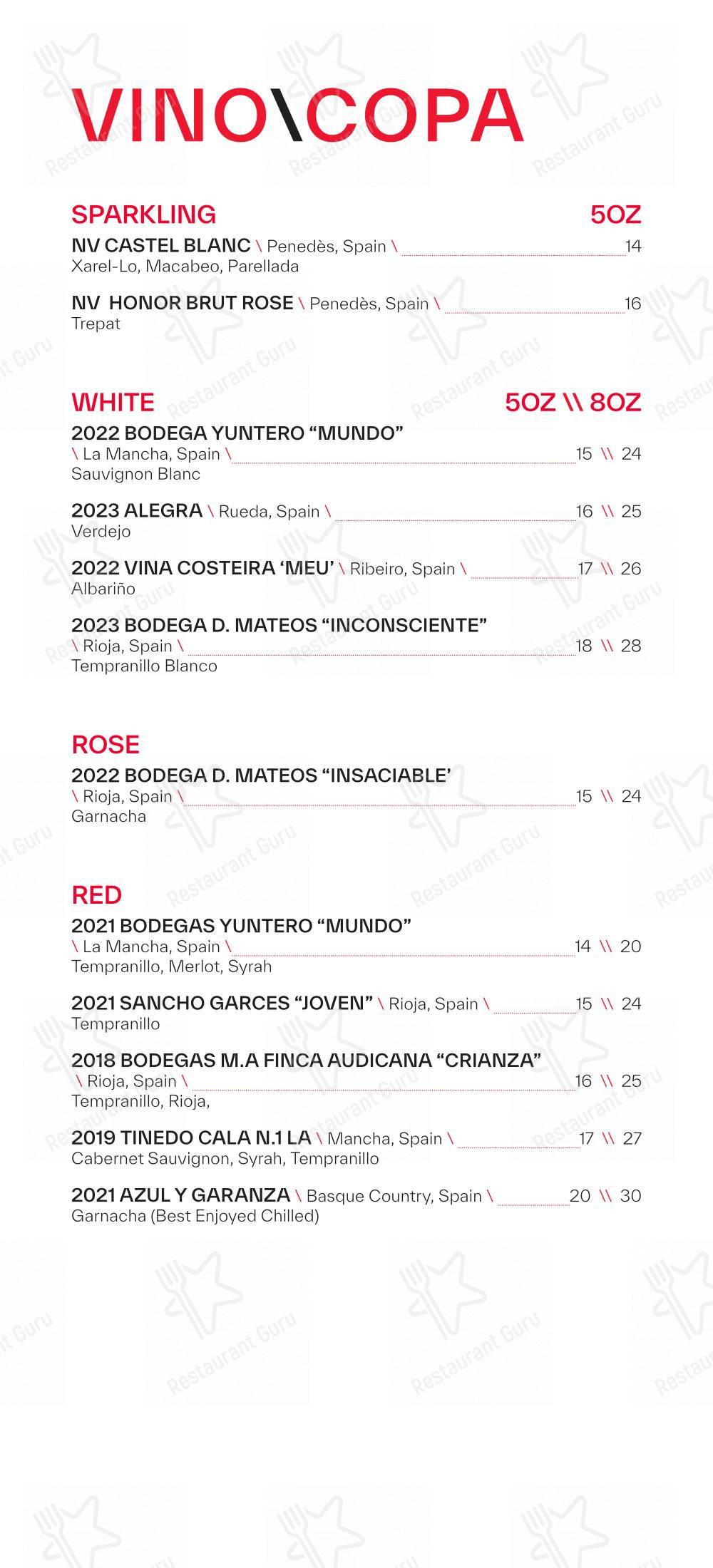 Menu pour Beso by Patria pub et bar