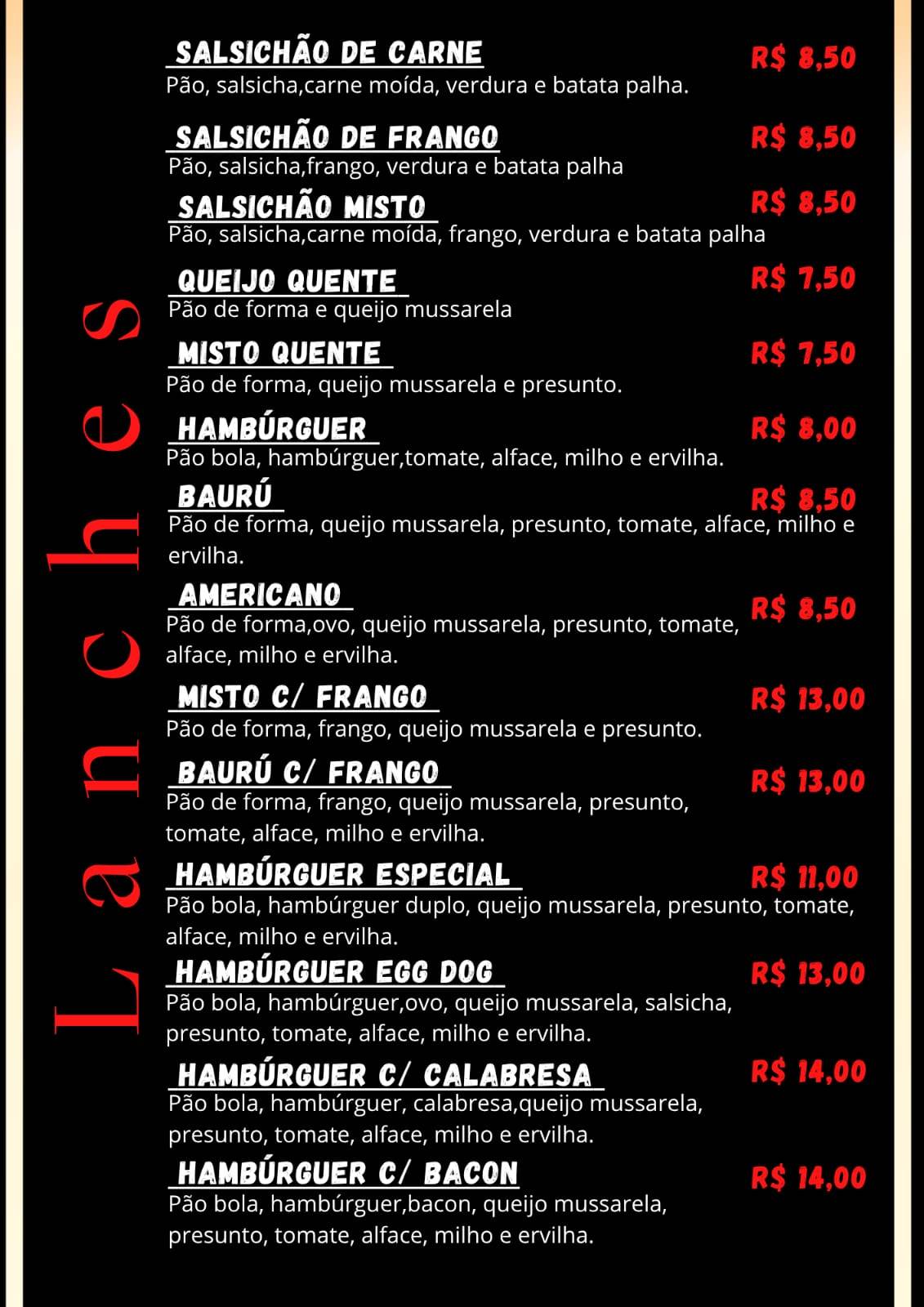 Paulinho Lanches cardápio