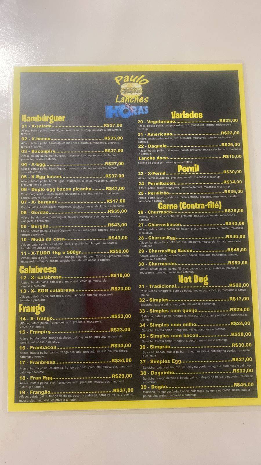 Paulo Lanches cardápio